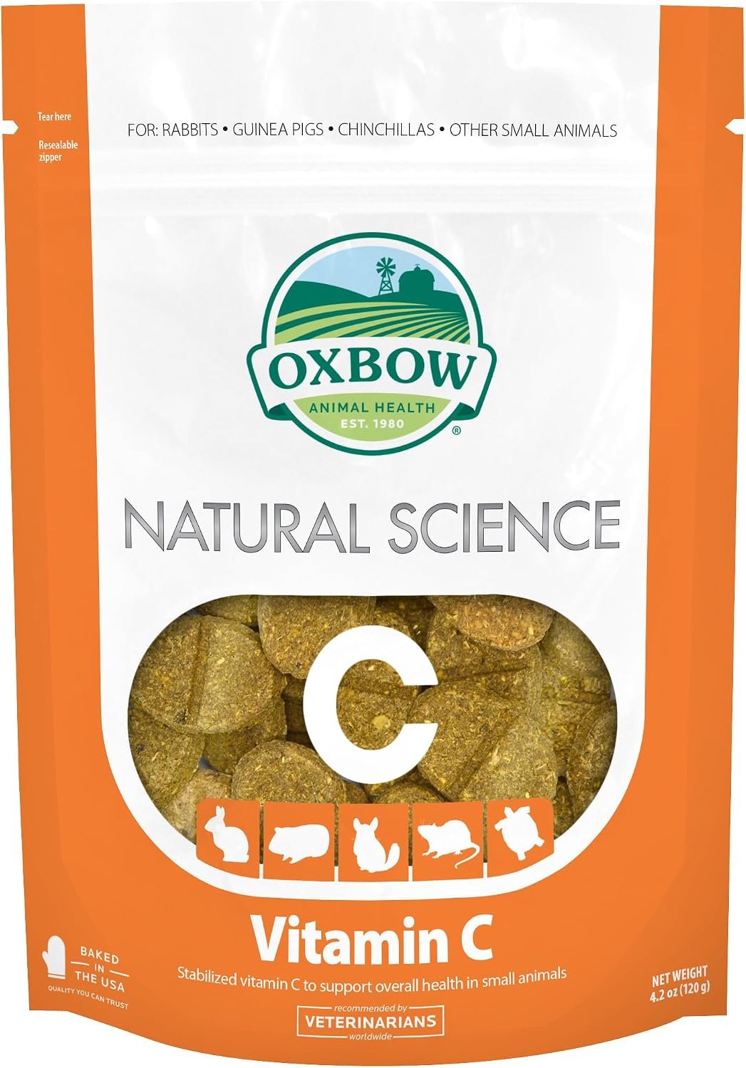 Oxbow Vitamin C Guinea Pig Supplement, High-Fiber Timothy Hay, 4.2 oz | Stabilized Vitamin C, High Fiber, Guinea Pig Vitamin C, Timothy Hay, Immune Health, Small Pet Supplies, Vet Recommended