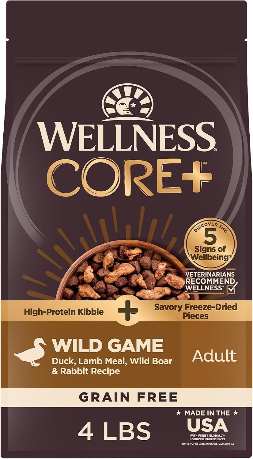 Wellness CORE+ Adult Dry Dog Food with Freeze Dried Pieces, Grain Free Kibble+, Natural, High Protein, Wild Game Duck, Lamb, Boar, and Rabbit Recipe, 4 lb Bag