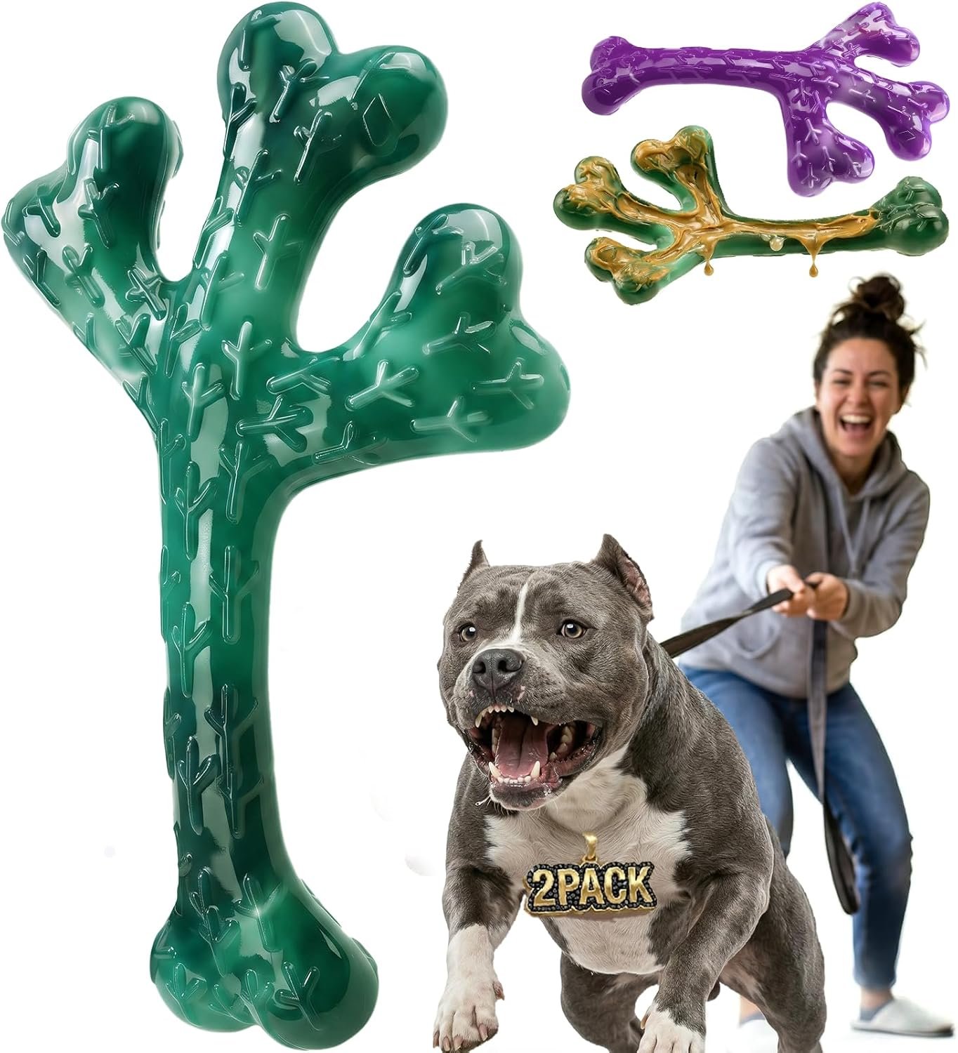 Frienhund 2-Pack Indestructible Dog Chew Toys for Aggressive Chewers | Textured Cactus with Grooves for Peanut Butter & Yogurt, Beef Nylon Bones for Large Dogs 20-90 lbs, Easy Chew & Long Lasting