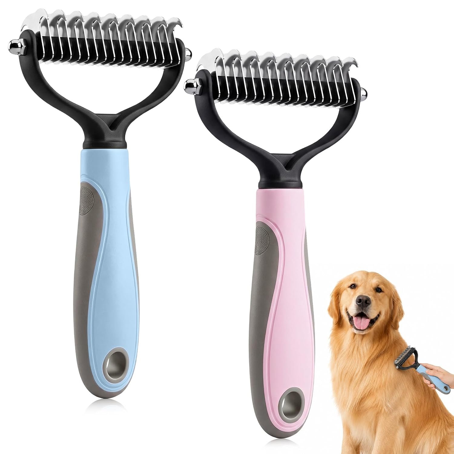 2Pcs Pet Grooming Brush, Pet Knotter Dog Grooming, Deshedding Dog Brush Removes Tangles Knots and Loose Fur, Pets Knotting Comb, Pe t Pro Double Sided Shedding Brush (Blue+Pink)