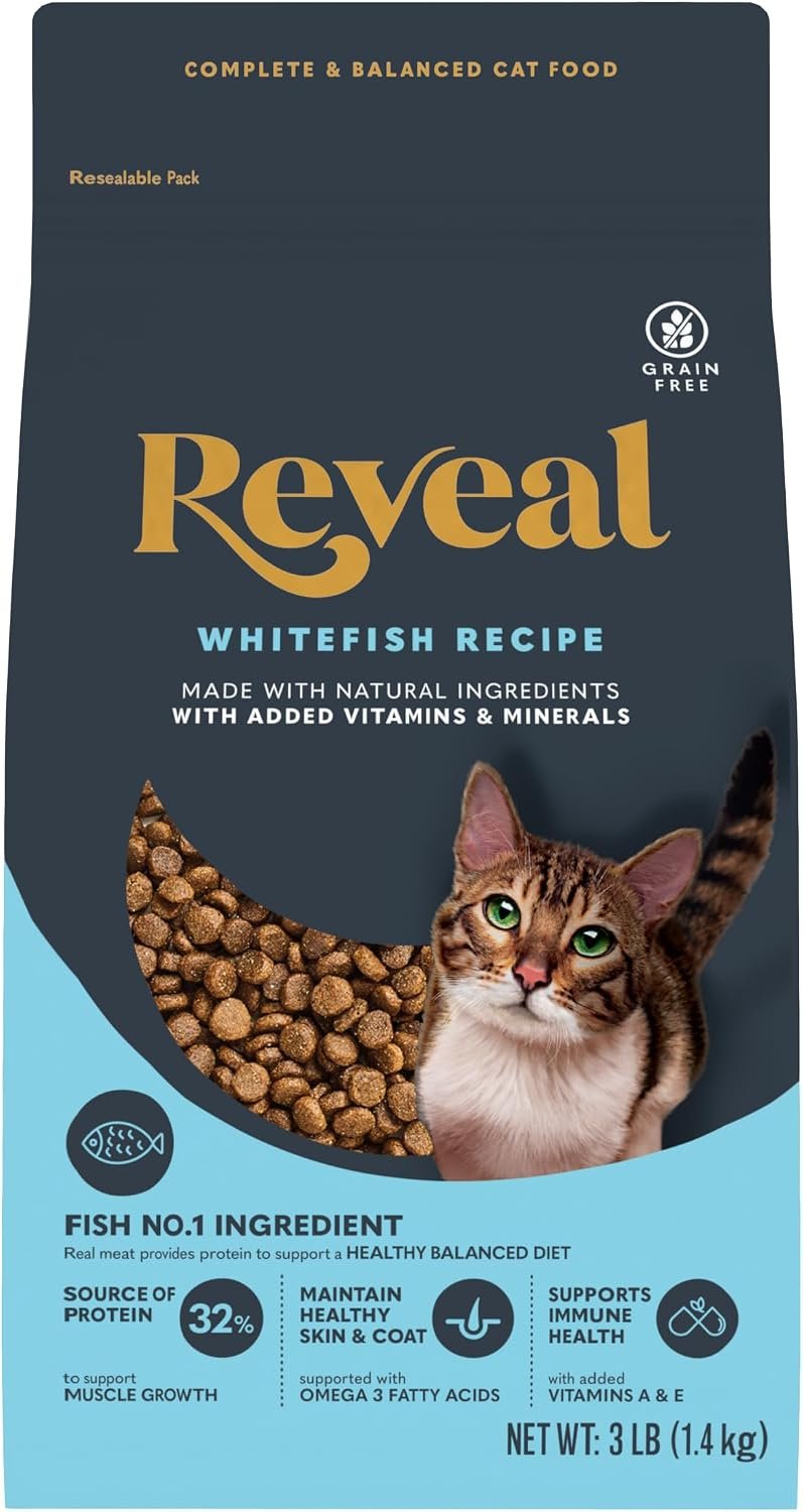 Reveal Whitefish Grain Free Complete Dry Cat Food 3 lb Bag | High Quality Protein, Grain Free, Omega-3 Fatty Acids for Healthy Skin & Coat, Added Vitamins & Minerals, Complete & Balanced