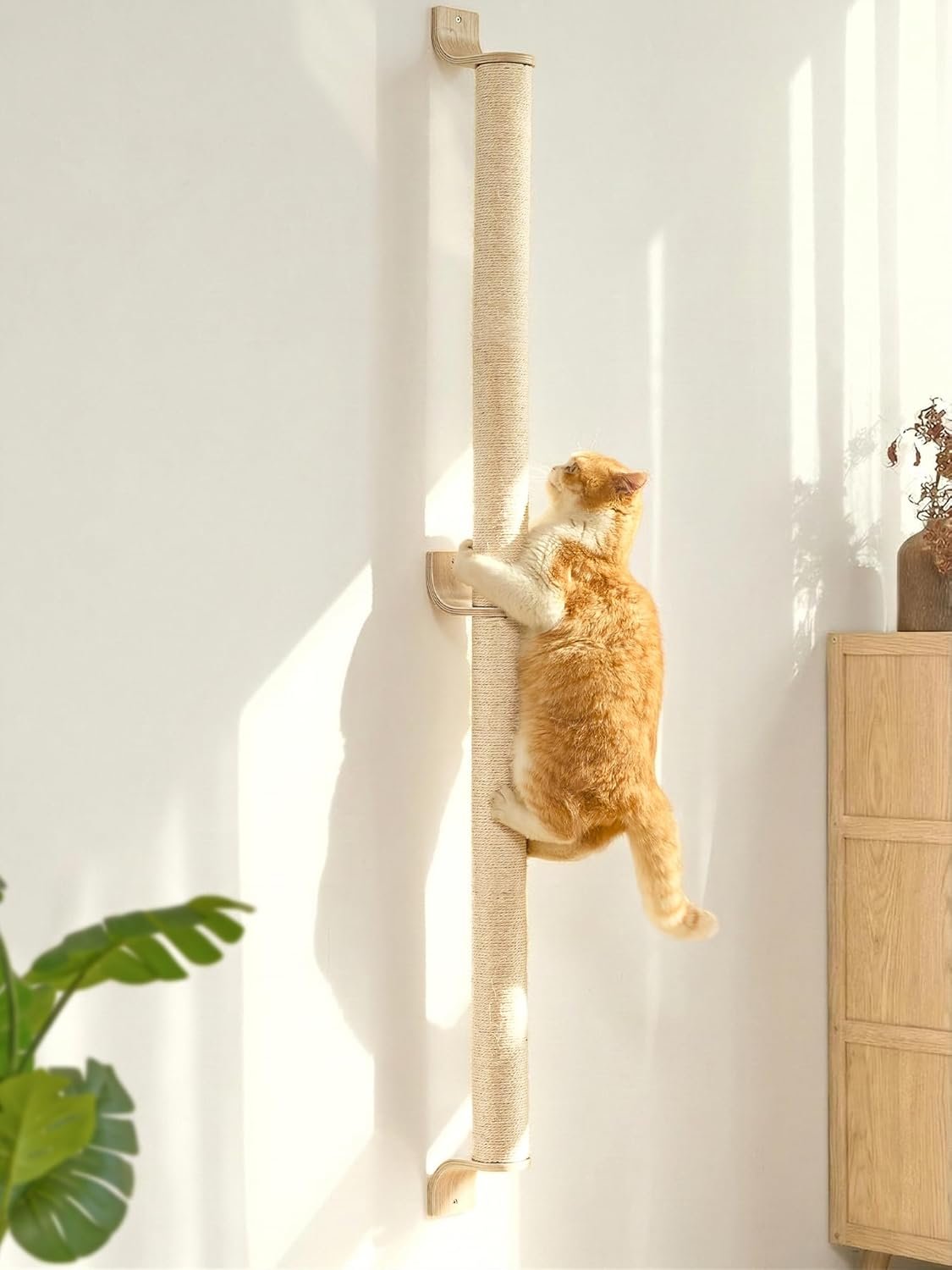 FUKUMARU Cat Wall Scratcher, 60″ Tall Kitten Scratching Post | Natural Sisal Pole, Wall Mounted Climbing Tree for Indoor Large Cats