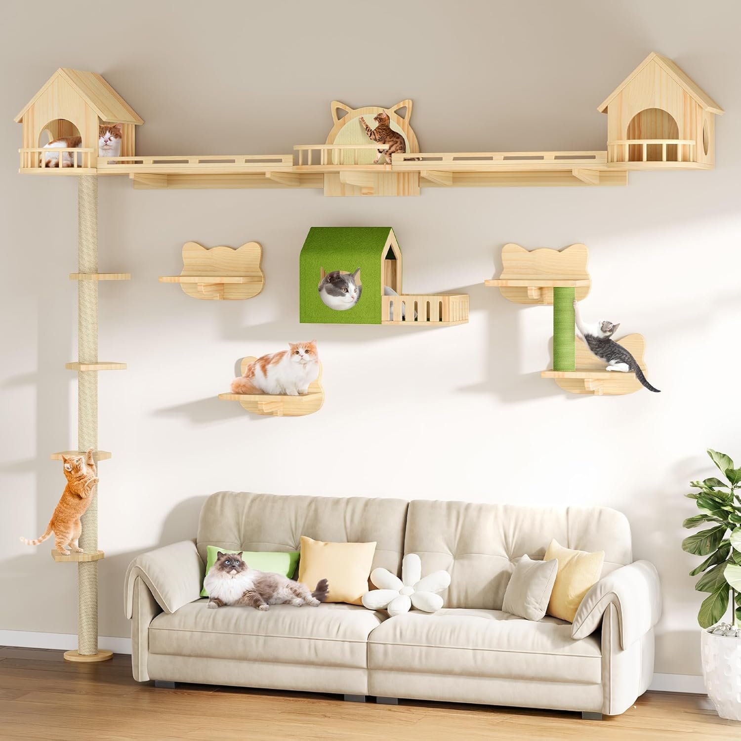 DWVO Solid Wood Cat Wall Shelves and Perches | Wall Mounted Cats Furniture Climbing Shelves for Large Cats with Scratching Posts, Steps, Runway, Scratching Board
