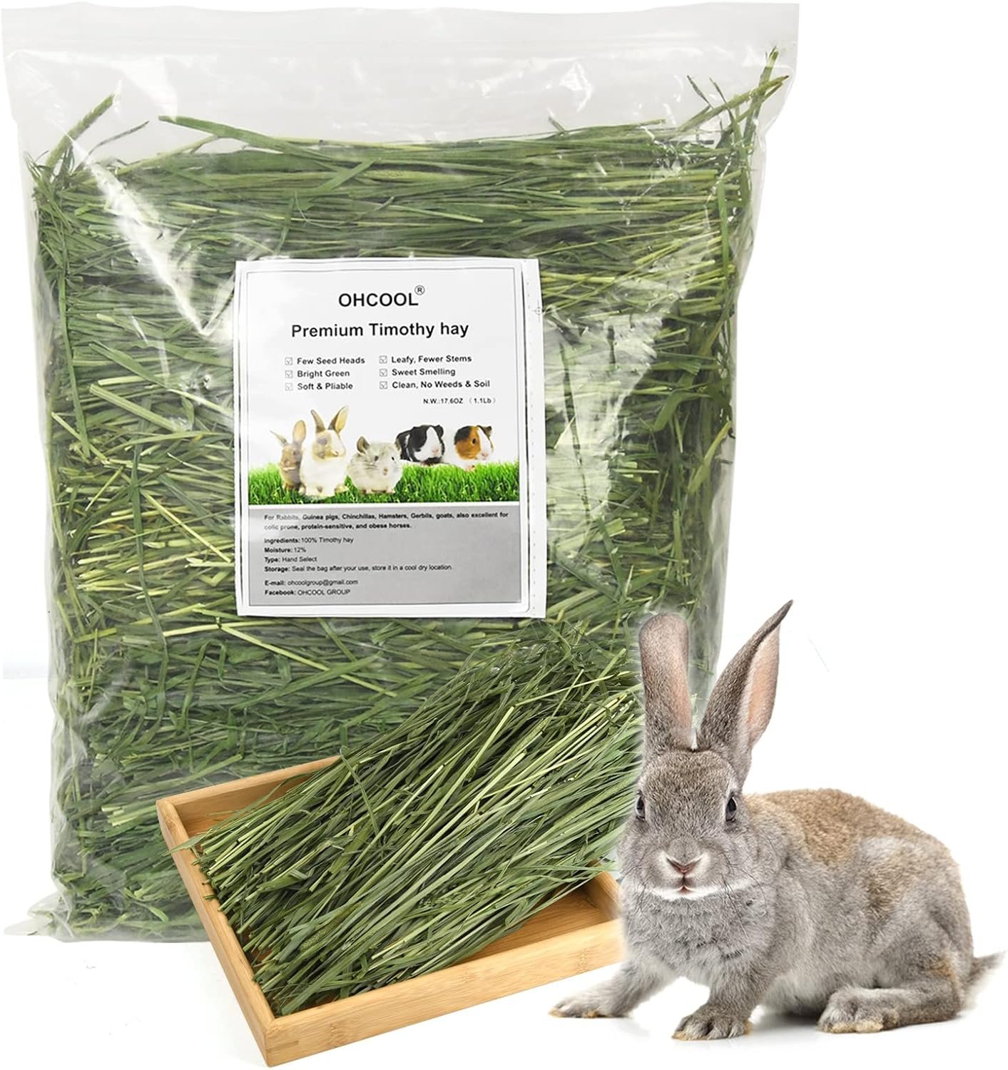 Timothy Hay, 1.1LB Small Pet Feed | Dust-free, natural fresh green hay, suitable for rabbits, guinea pigs, chinchillas, tortoises