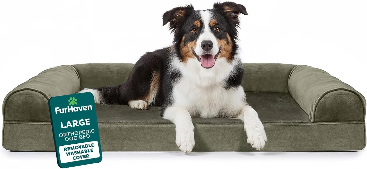 Furhaven Orthopedic Dog Bed for Large/Medium Dogs w/ Removable Bolsters & Washable Cover, For Dogs Up to 55 lbs – Faux Fur & Velvet Sofa – Dark Sage, Large
