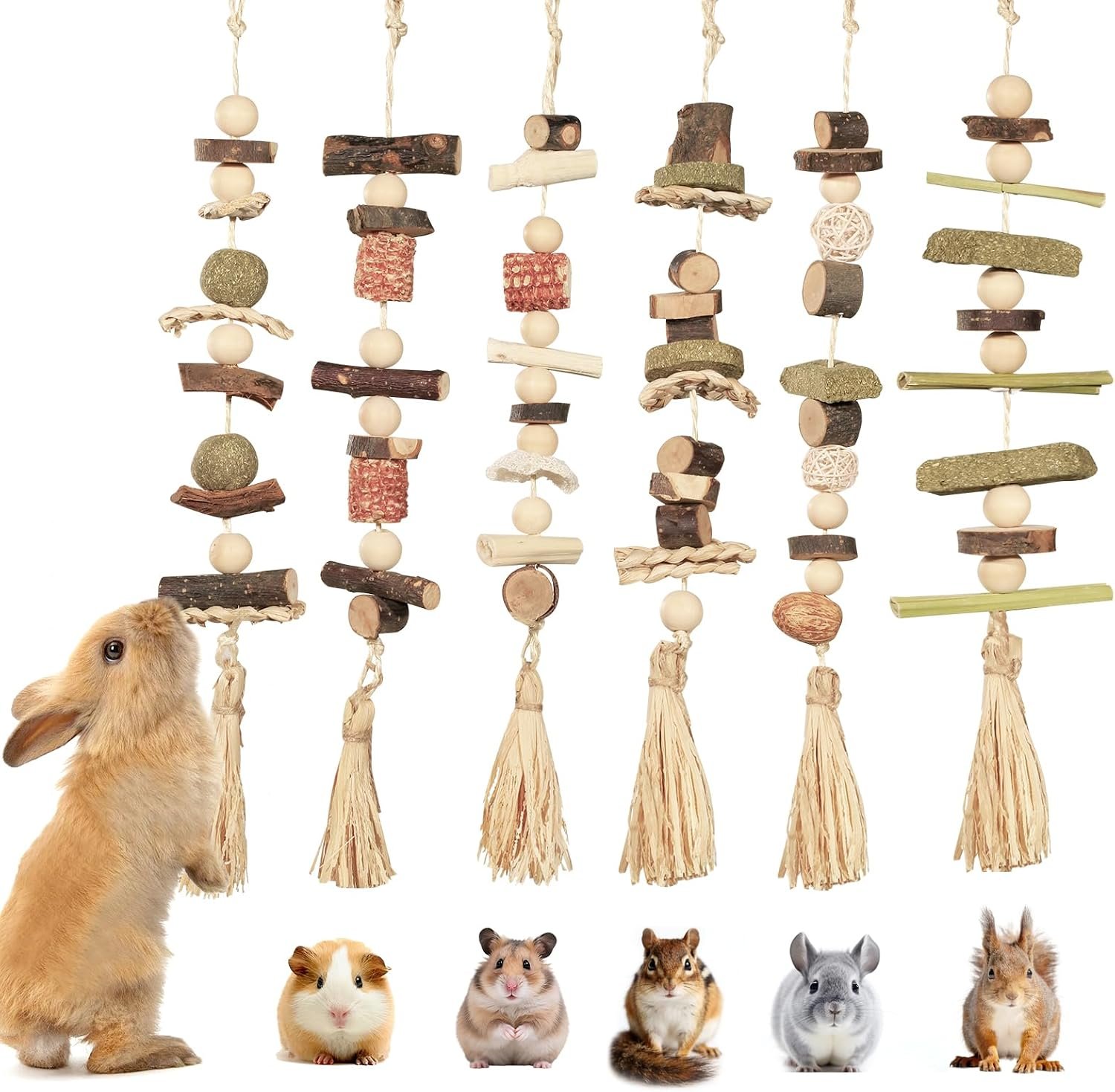 6PCS Hanging Bunny Chew Toys, Natural Apple Wood Rabbit Chews | Teeth Grinding & Dental Health, Small Animal Wooden Cage Toy for Guinea Pigs, Hamsters, Chinchillas, Ferrets, Rats, Gerbils