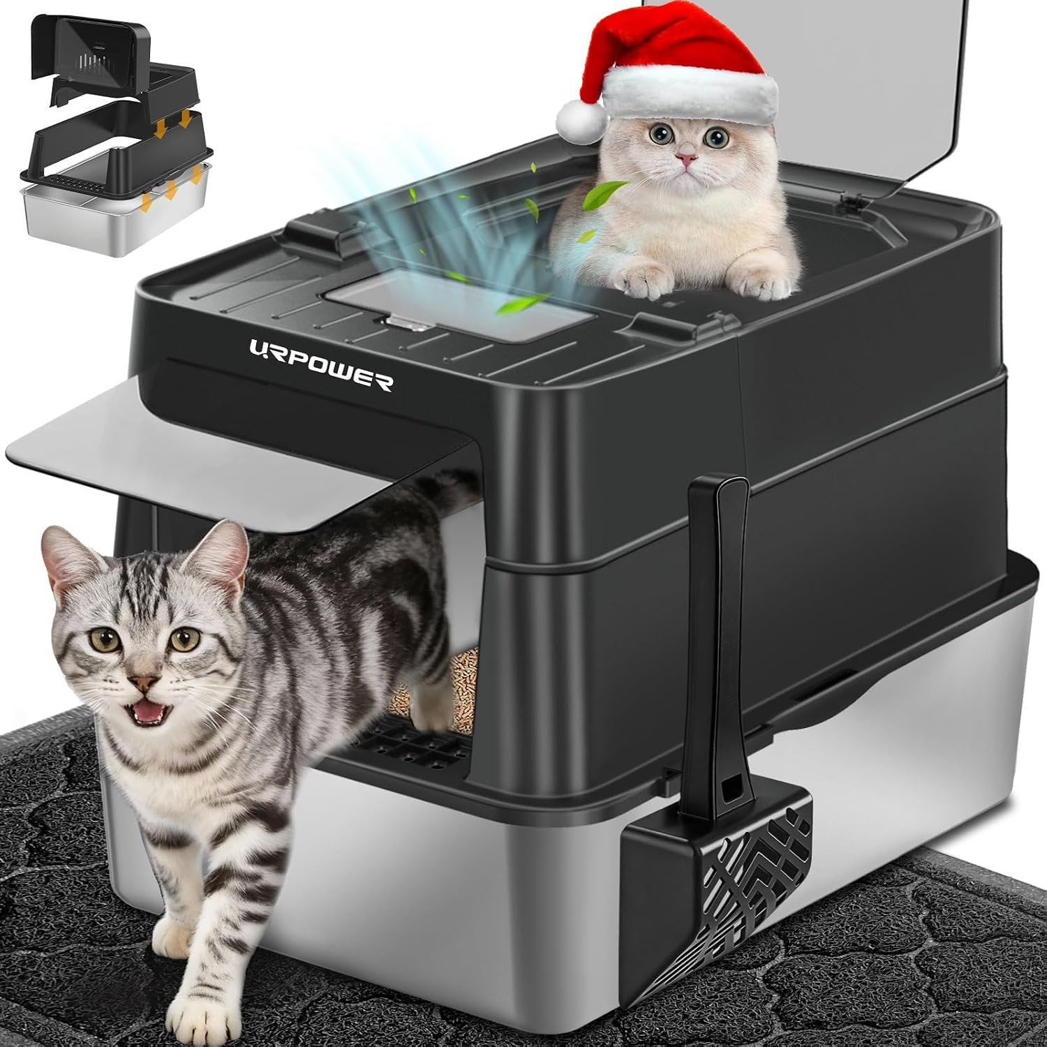 URPOWER XL Stainless Steel Cat Litter Box with 110° Flip-Top Lid | Odor Control, Anti-Urine Leakage, Non-Stick Metal Pan, Front Entry Top Exit, Scoop, Mat and Activated Carbon Pack Included