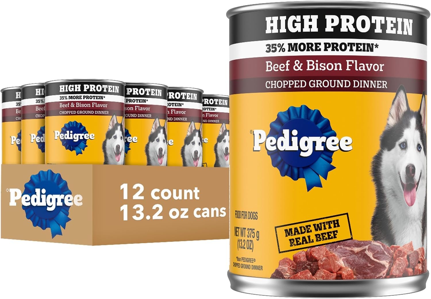 Pedigree High Protein Wet Dog Food, Beef & Bison, 13.2 oz, 12 Count | Slow cooked with real beef & bison, 40g+ protein per can, fortified vitamins & minerals, serve as topper or complete meal