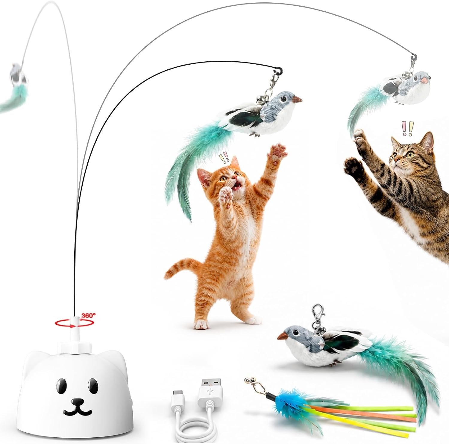 CATPICK Automatic Interactive Cat Toy, Flying Bird Wand for Indoor Cats | Rechargeable 360-degree flying bird wand with 2 speeds, touch restart, 10-minute play cycle, and washable 8 cm sticky base