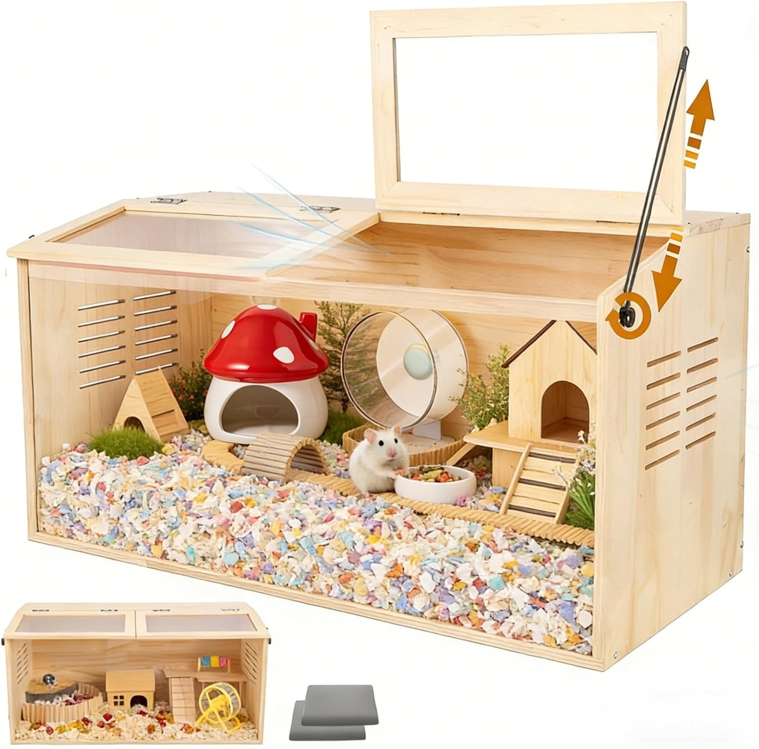Wooden Hamster Cage,32″ Lx16 Wx16 H,2 Washable Liner, Animal Cabinet for Dwarf Syrian Hamsters Degus, Hamster Habitat with Openable Top and Large Acrylic Sheets, Natural Wooden Hamster Habitat