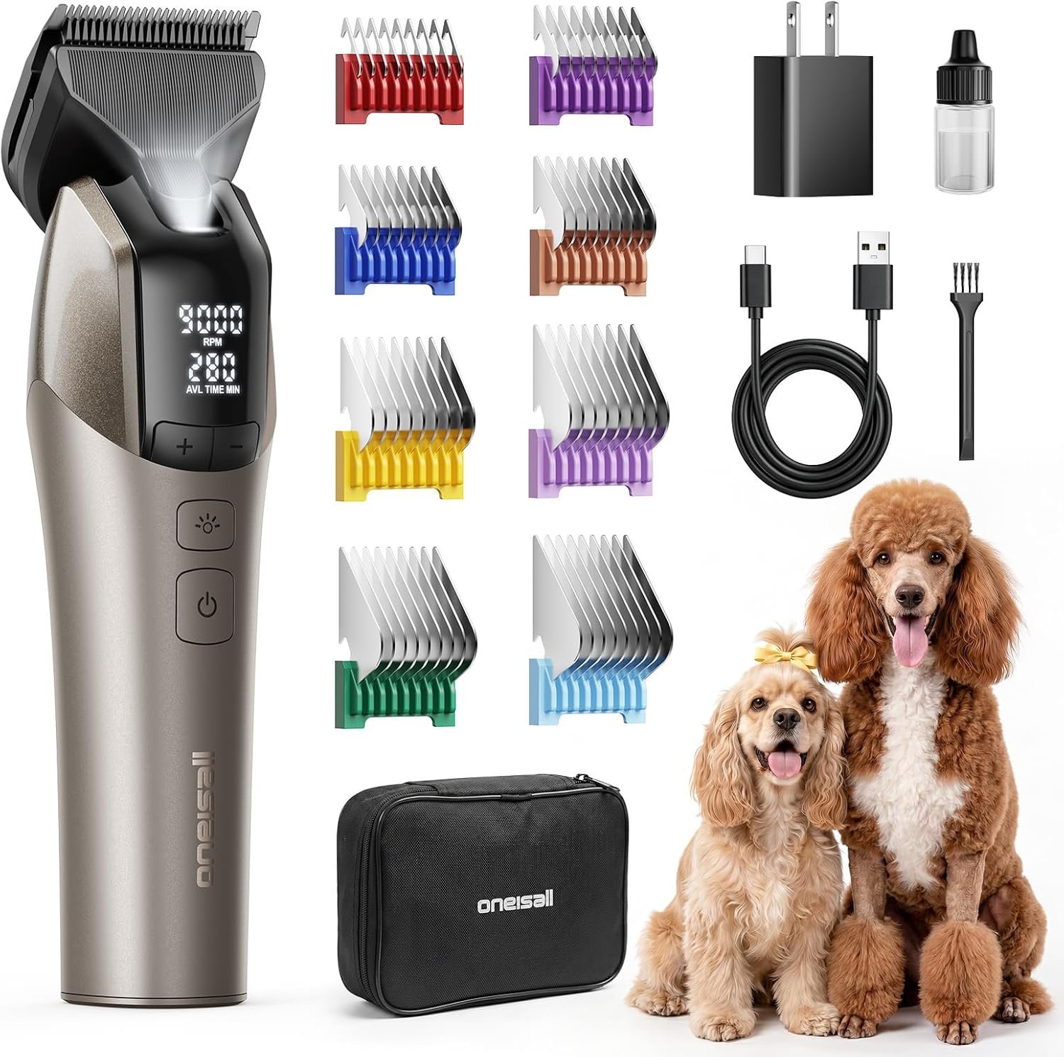 oneisall Dog Clippers for Grooming Thick Hair, Professional 9000RPM 5 Speed with 5 in 1 DLC Blade, 280min Cordless, Low Noise Dog Grooming Kit with 8 Metal Combs Carring Case for Dogs Cats Pet | 280Min Cordless. Low Noise. 5 in 1 DLC Blade.8 Metal Combs with Carring Case.5-Speed for Thick Curly Matted Coats at Home