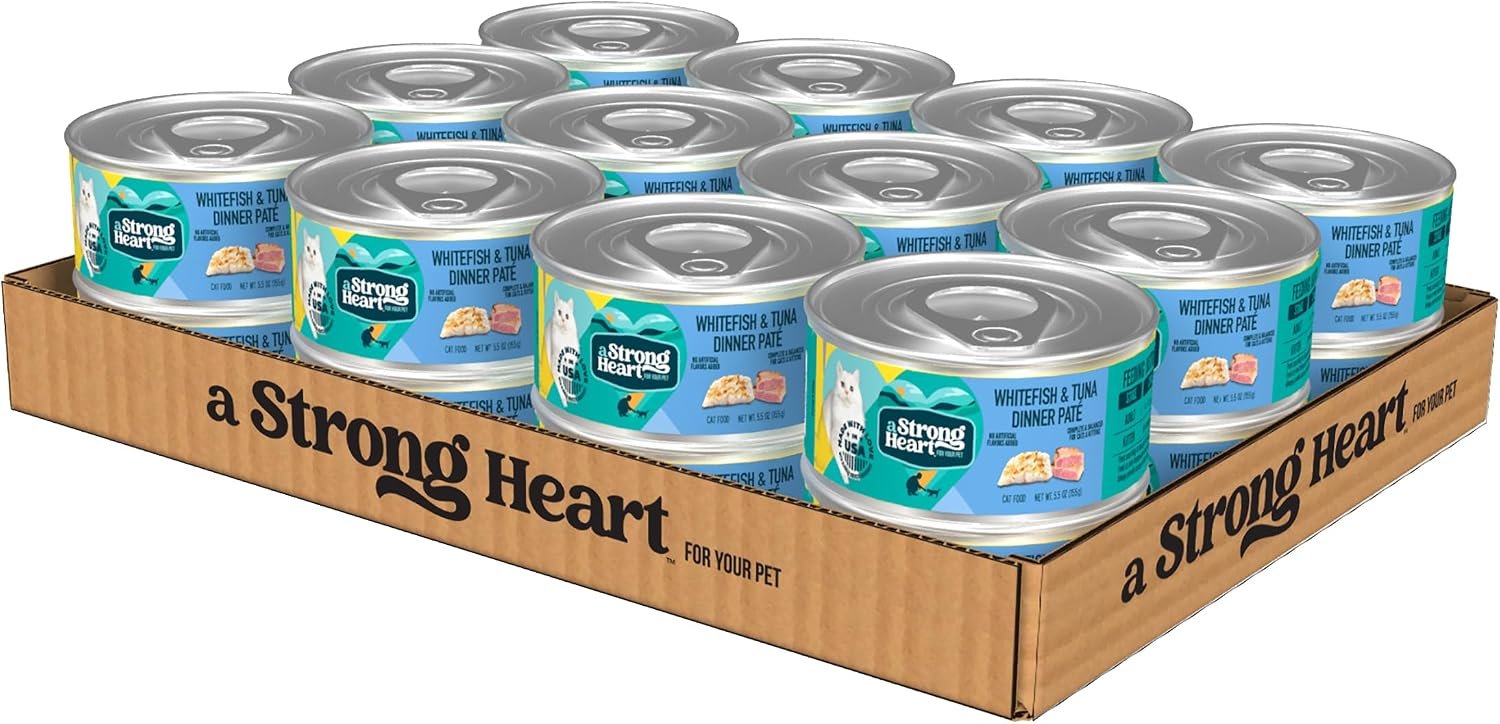 A Strong Heart Canned Wet Cat Food, Whitefish & Tuna Dinner Paté – 5.5 oz Cans (Pack of 24), Made in The USA with Real Ocean Whitefish & Tuna