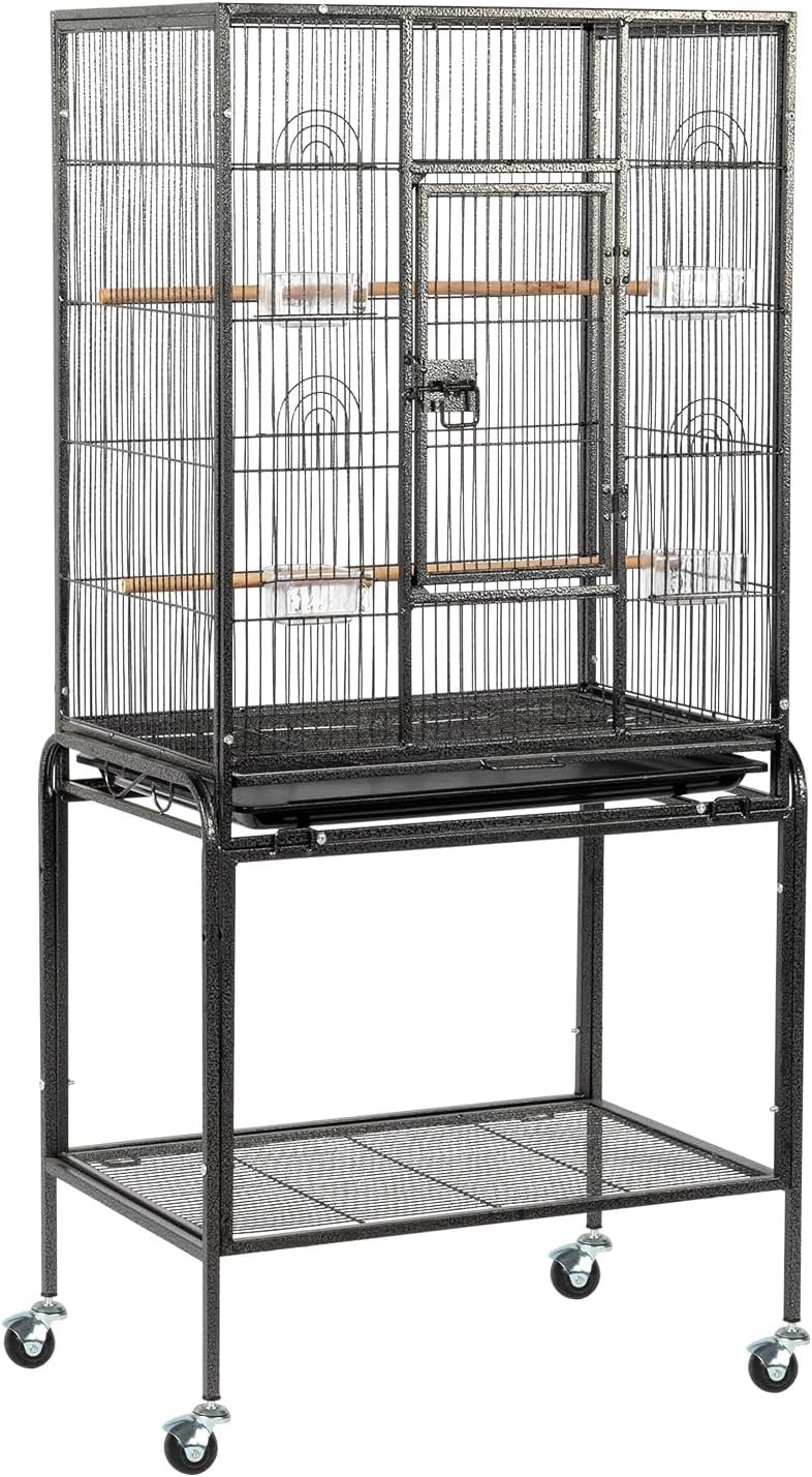 VINGLI 53-inch Bird Cage with Wheels, Durable Wrought Iron Parakeet Cage with Slide Out Tray, Black Bird Cages for Parakeets/Lovebird/Cockatiels/Budgies and Other Small/Medium Birds (Black, 53 inch)