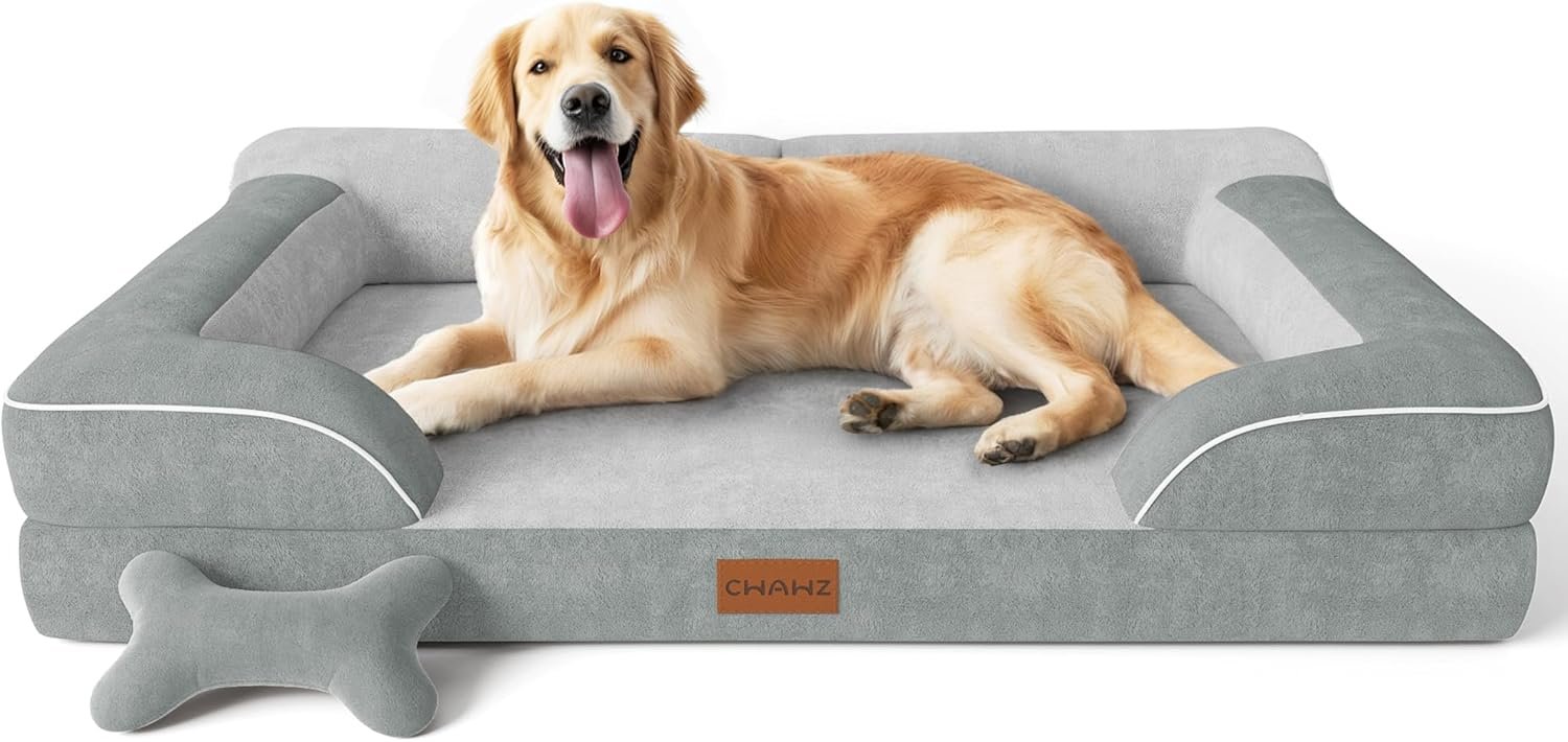 CWAWZ Extra Large Dog Bed, Orthopedic Dog Bed with Cooling Gel Memory Foam, Waterproof XL Pet Bed with Removable Washable Cover, 42″ Pet Sofa Couch Dutch Velvet with Bone Toy, Light Gray