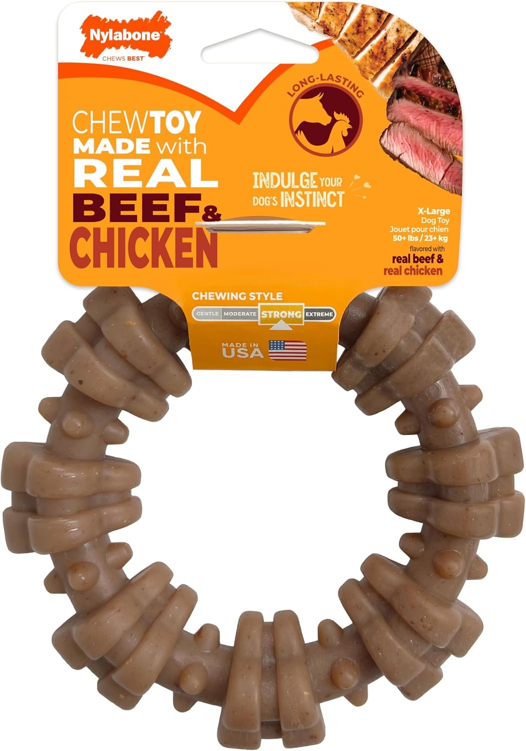 Nylabone Strong Chew Ring Dog Chew Toy Made with Real Beef & Chicken | X-large breeds, durable, long-lasting dog bone, textures help clean teeth, keeps dogs busy, for dogs 50+ lbs