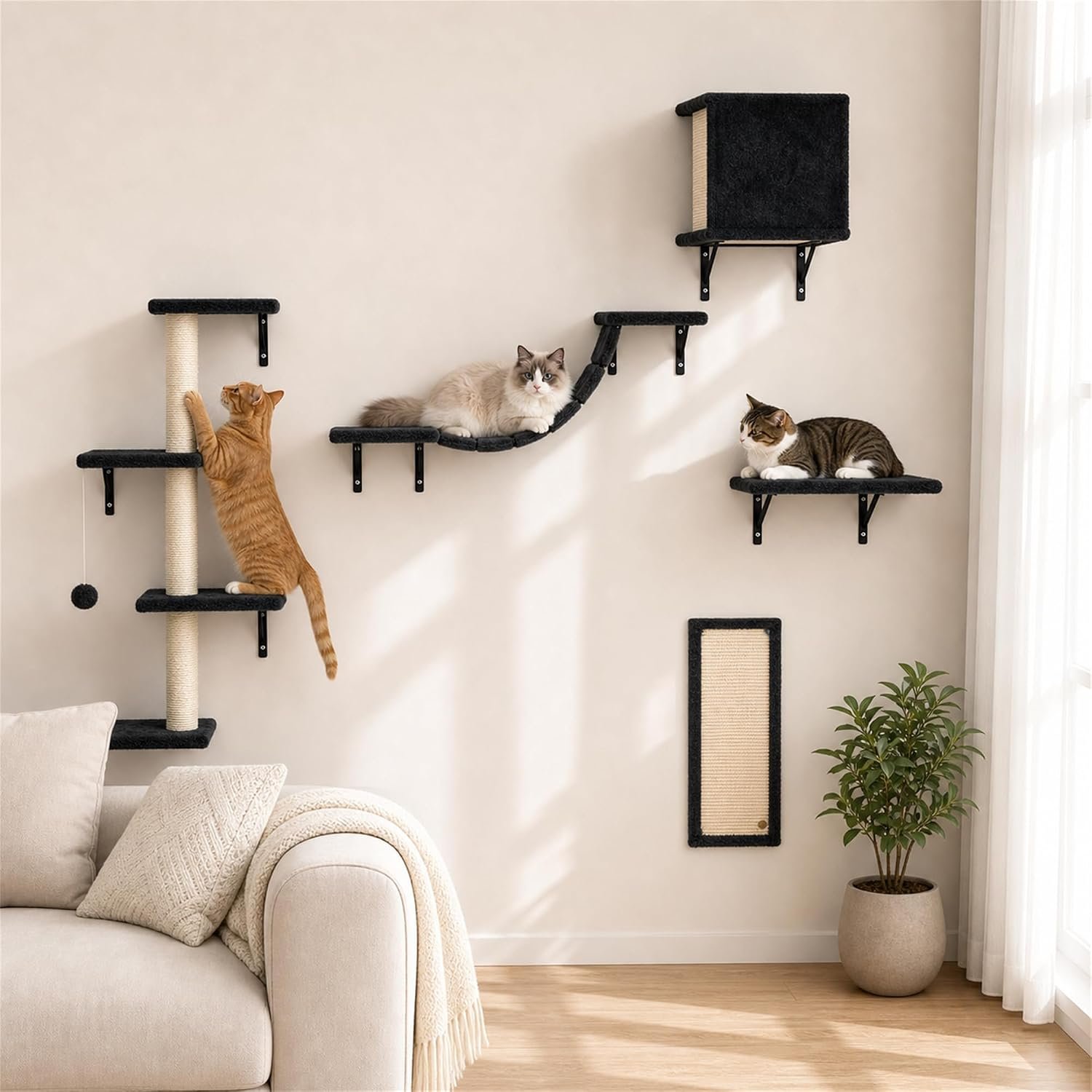 Modern Wall-Mounted Cat Furniture – 5pcs Cat Wall Shelves, Wooden Climber Includes House, Bridge, Tree, Steps, and Scratcher (Black)