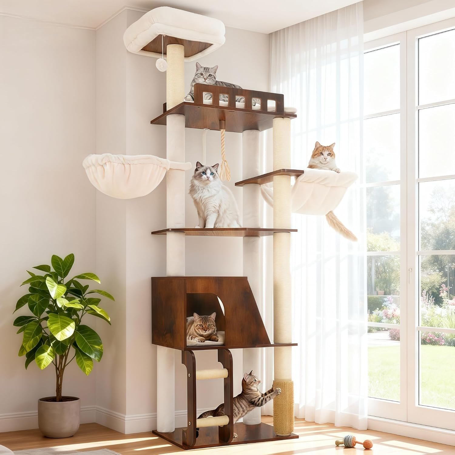 Hey-brother Wooden Cat Tree, Furniture Tower with Large Platforms, MPJ121SR | 69.7 inch, Modern Full Sisal Scratching Posts, Hammocks, Spacious Condo, Ladder, Brush, Water Proof Surface, Rustic Brown