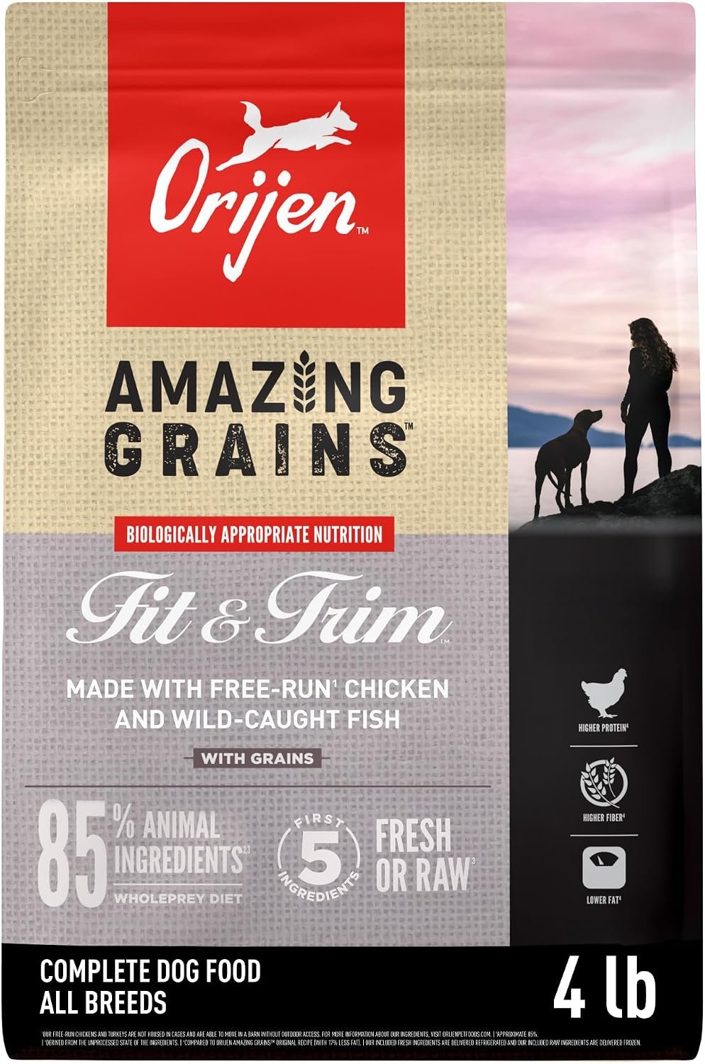 ORIJEN Amazing Grains WHOLEPREY Dry Dog Food Fit & Trim Recipe 4lb. Bag | WHOLEPREY Ingredients, Made in the USA, Includes Probiotics, Omega-3 Fatty Acids, Skin & Coat, Digestive Health