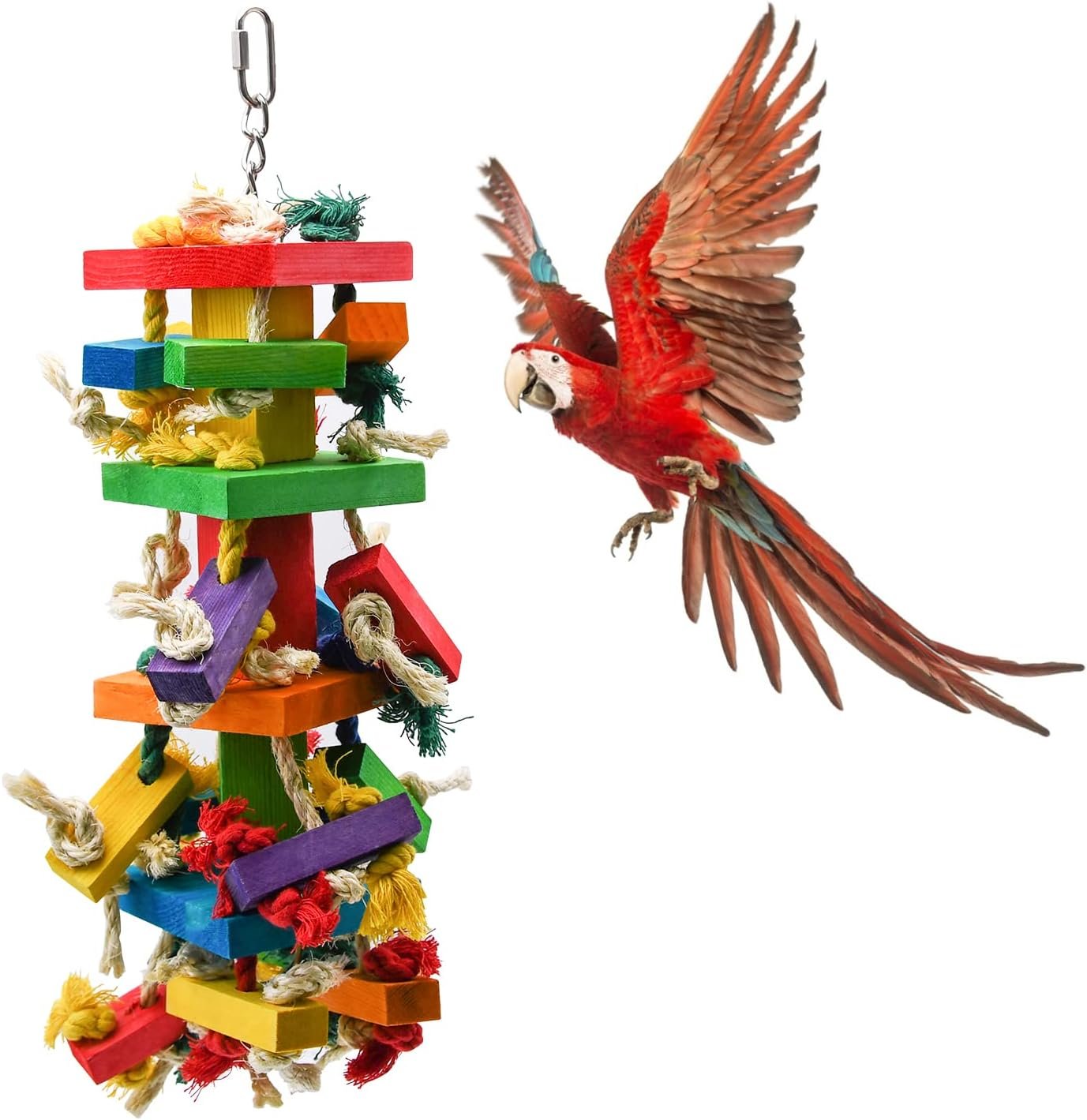 RUBY.Q 20in Large Parrot Toy, Multicolored Natural Wooden Bird Chewing Toys | for Amazon Parrots Large Macaws, African Grey