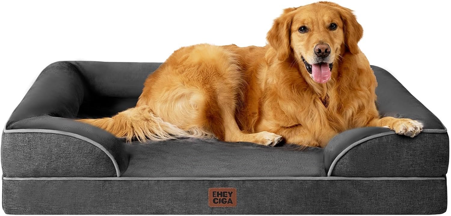 EHEYCIGA Orthopedic Extra Large Dog Bed, Waterproof Washable XL Pet Bed 44″ | Non-Slip Bottom and Egg-Crate Memory Foam Big Dog Couch Bed with Washable Removable Cover, Dark Grey, 44Inch