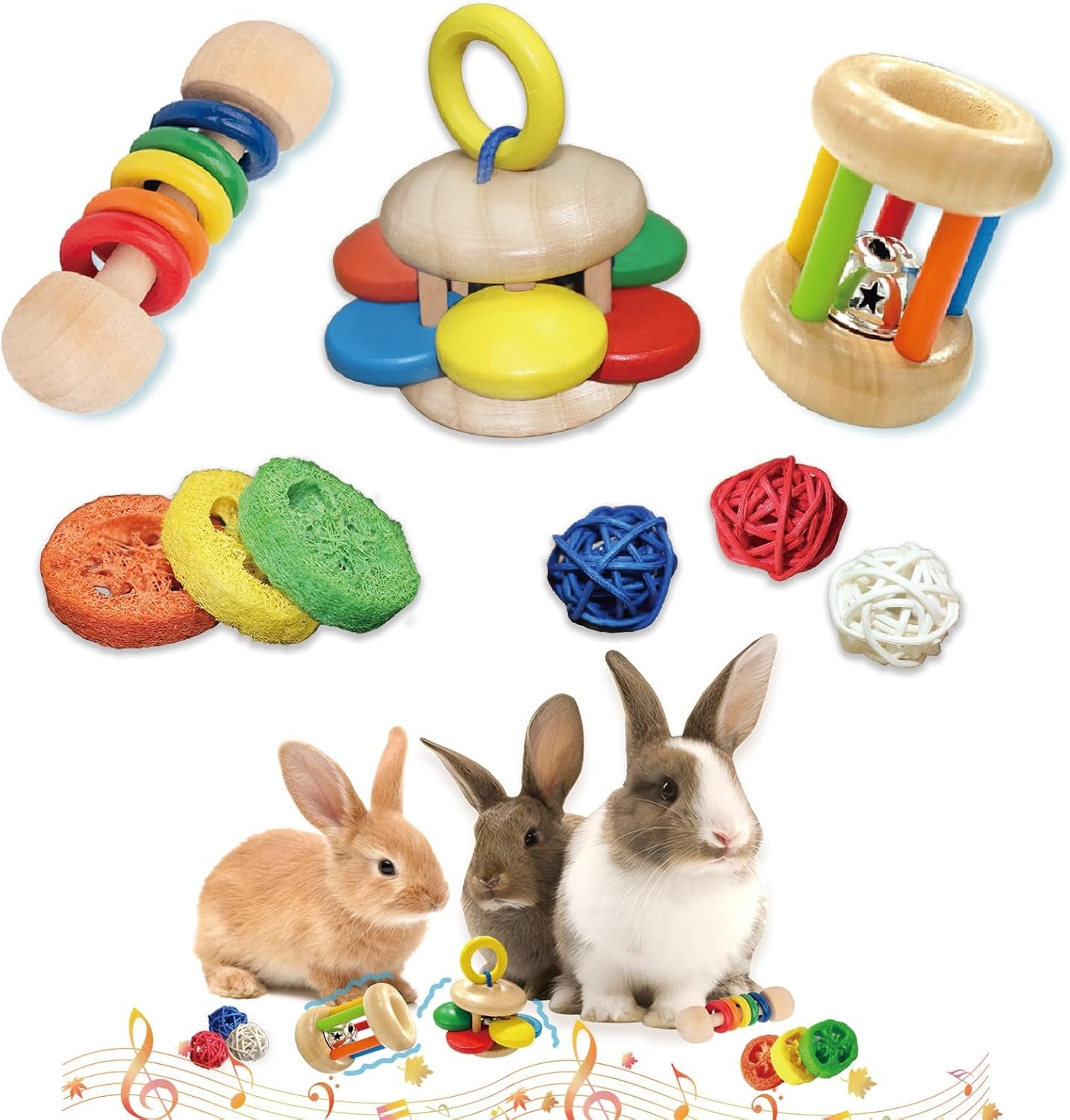 QWR 9PCS Wooden Bunny Toys,Safe Rabbit & Guinea Pigs Teeth Grinding Toy for Chinchillas, Hamsters & Small Animals – Indoor & Outdoor