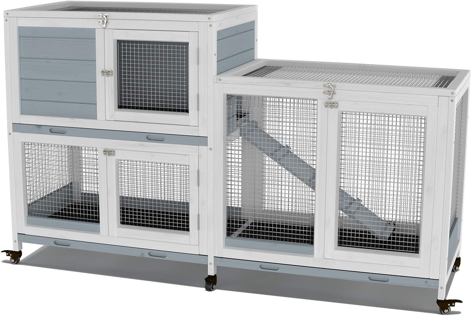 GDLF 58″ Rabbit Hutch, Bunny Cage Indoor with Wheels & Cleaning Tray | 58″L x 17.8″W x 34.6″H, 2-Level Design with Wheels, Ramp & No-Leak Cleaning Tray for Rabbits, Guinea Pigs and Small Animals