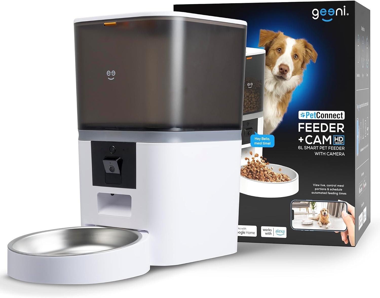 Geeni 6L Smart Pet Feeder with Camera, 1080p HD, Night Vision, Two-Way Audio, Pre-Recorded Messages, WiFi Enabled, Voice Control with Alexa & Google Home, Automatic Cat & Dog Food Dispenser, White