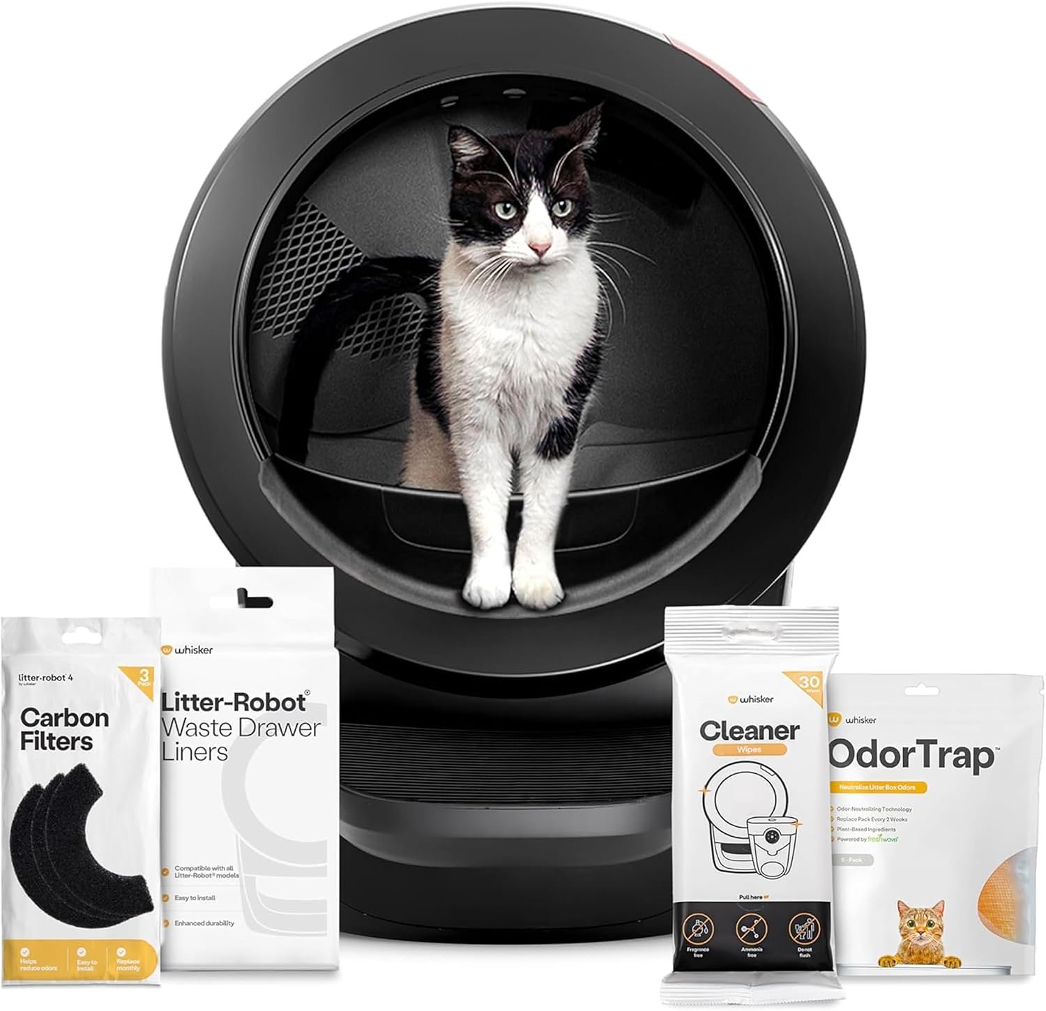 Litter-Robot 4 Supply Bundle by Whisker, Black – Automatic | Automatic, Self-Cleaning Cat Litter Box, Includes 3 OdorTrap Refills, 10 Liners, 30 Cleaner Wipes, & 2 Carbon Filters