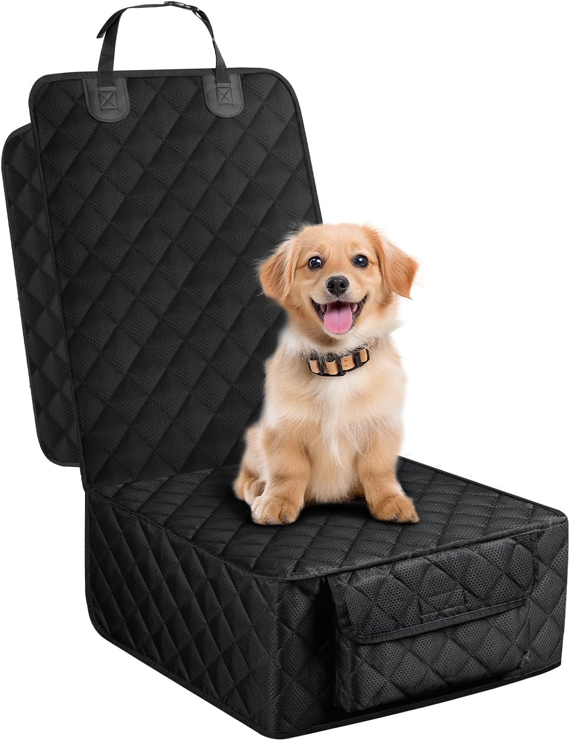 Front Seat Cover for Dogs with Side Flaps, Pet Car Seat Protector | Waterproof Scratchproof Non-Slip Captain Chair Seat Cover, Full Protection, Large Front Storage Pocket, Fits Cars/Trucks/SUVs