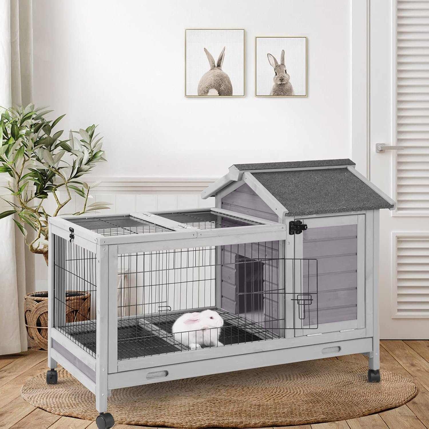 Rabbit Hutch Indoor Outdoor Rabbit Cage Bunny Cage with Run,No Leak Pull Out Tray,Wire Fence