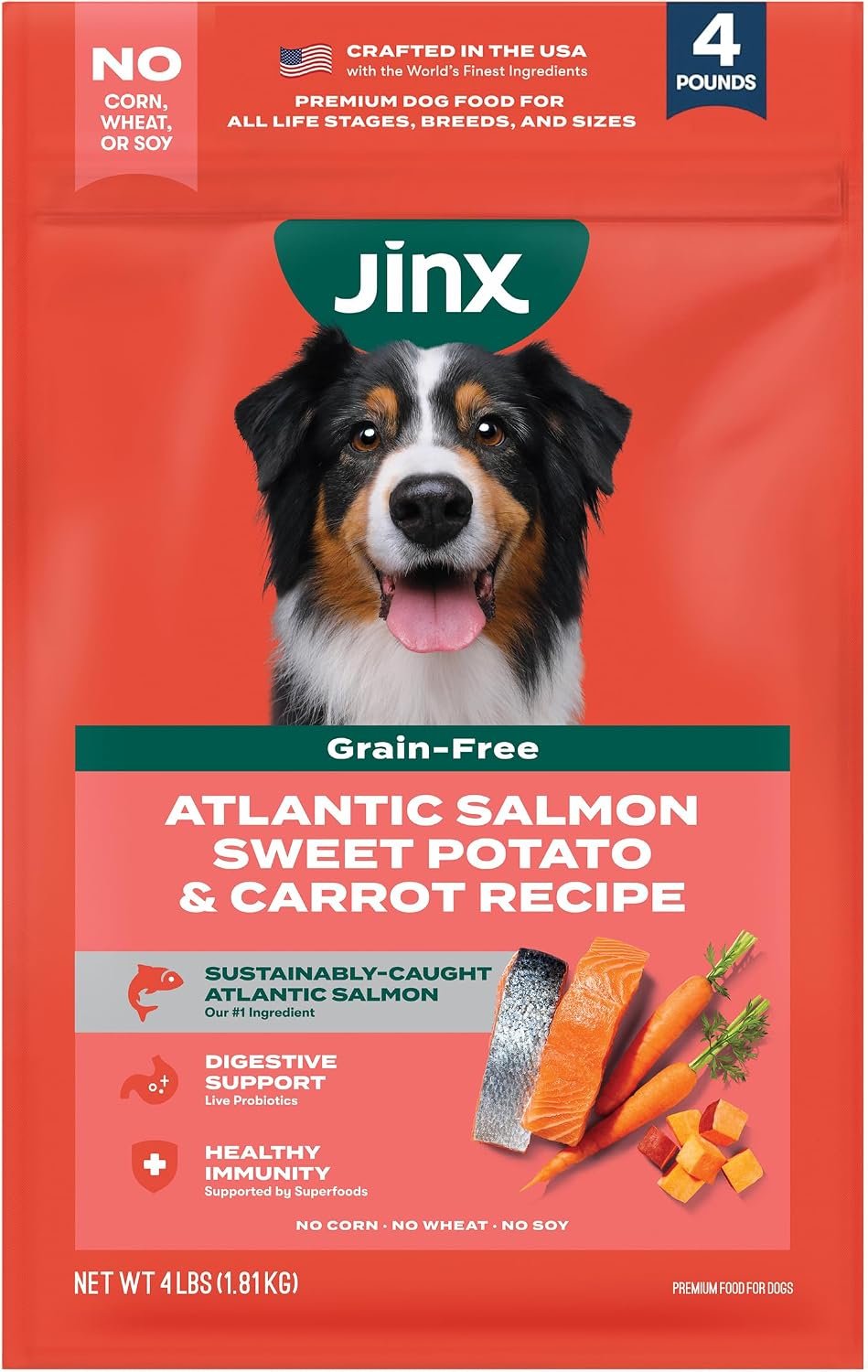 Jinx Grain Free Dry Dog Food – Real Salmon, Sweet Potato & Carrot, 4lb | Premium Kibble for Digestive Support & Healthy Immunity – No Fillers, All Lifestages (Puppy, Adult & Senior), Breeds & Sizes