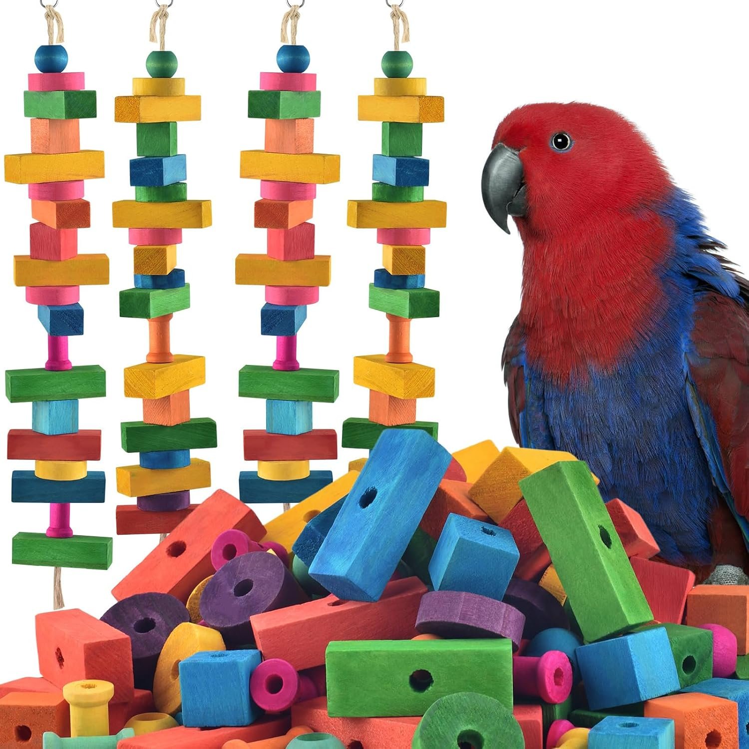 DBNESS Large Bird Toys for Parrots, 165 PCS Colorful Chew Toy Multi-Shaped DIY Wooden Blocks Craft Birds Cage Training Toy Macaw Cockatoo African Grey Medium Large Parrot