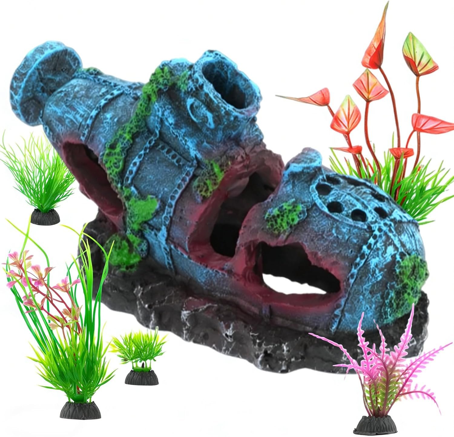 CEYAZYE 6Pcs Fish Tank Decorations Set | 5 Aquatic Plants & 1 Small Submarine, Shipwreck Ornaments, Cave Hideouts, Realistic Artificial Simulation
