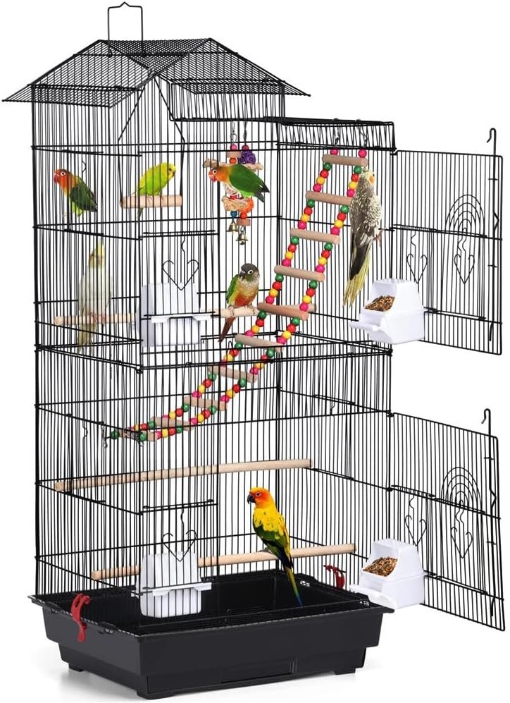 Yaheetech 39″ Roof Top Flight Cage with Toys, Wrought Iron Bird Cage for Cockatiels, Conures, Lovebirds, Budgies & Small Birds
