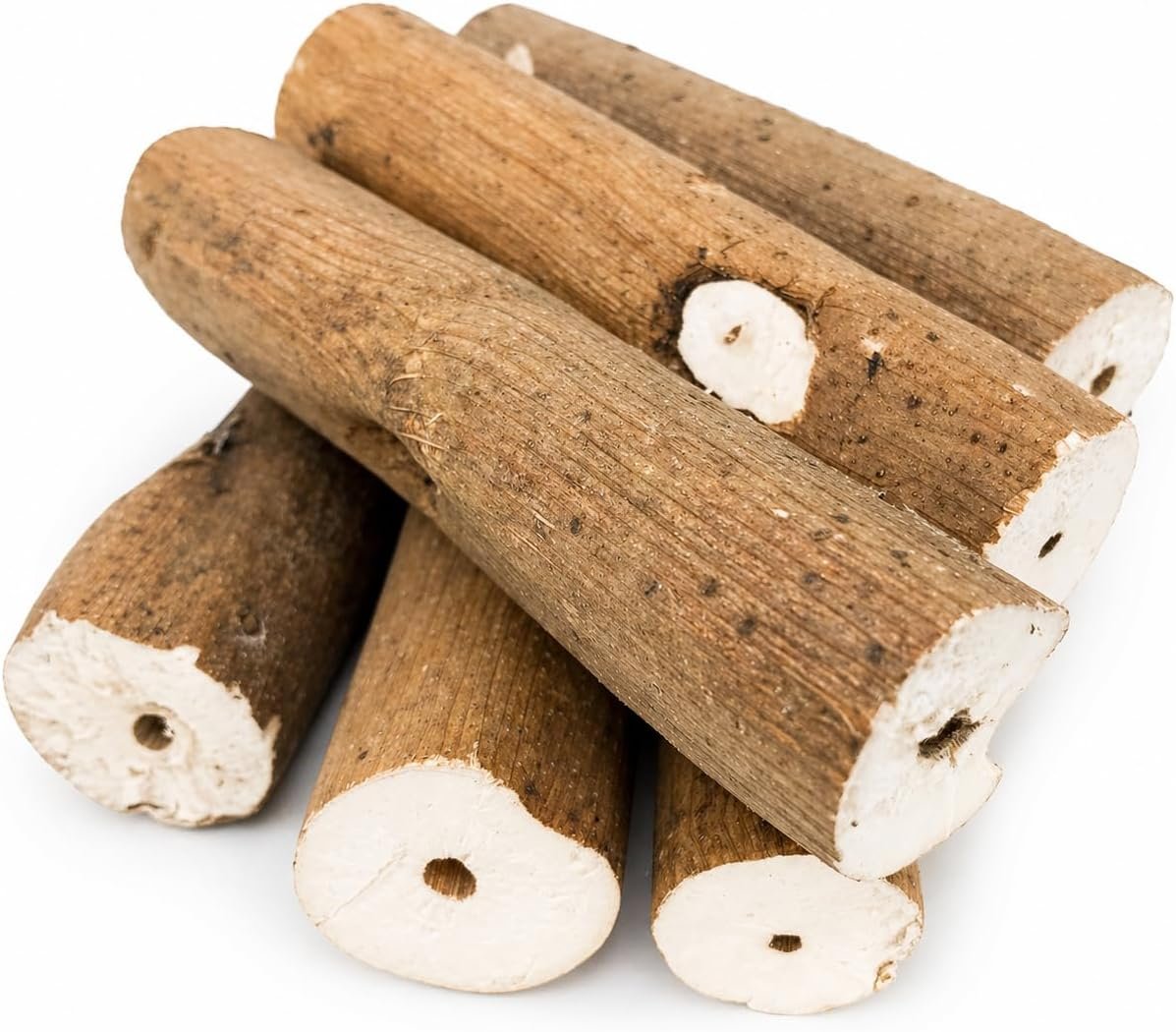Bonka Bird Toys 1211 Pk6 Natural Bark Sola Sticks, 6-Pack, 3″ Long, 1.25″ Diameter, Soft Chew and Foraging Toy for Birds, Parrots, Parakeets, Cockatiels, Lightweight, Natural, Safe, Eco-Friendly | Natural sola root sticks with center holes for chewing, shredding, toy making, and foraging enrichment