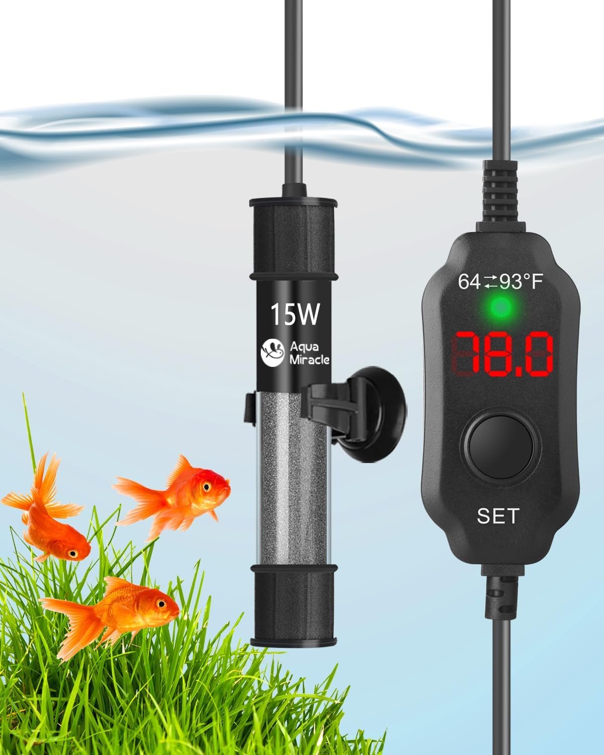 AquaMiracle Aquarium Heater 15W Fish Tank Heater for 1-3 Gal Tanks, LED Digital Display Thermostat Turtle Heater with Out-of-Water Auto Shut-Off, Overheat Protection & Memory Function