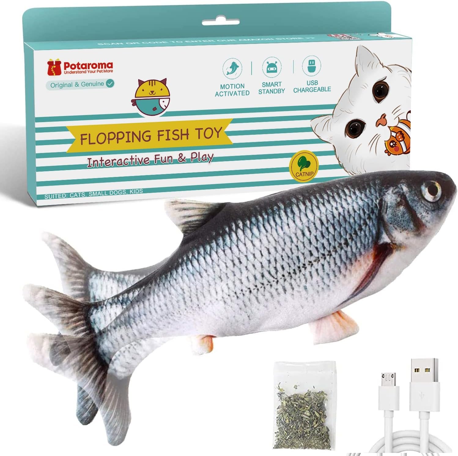 Potaroma Cat Toys Flopping Fish with Catnip, Moving Kitten Kicker, Floppy Wiggle Carp for Small Dogs, Interactive Motion Kitty Exercise, 10.5 Inches