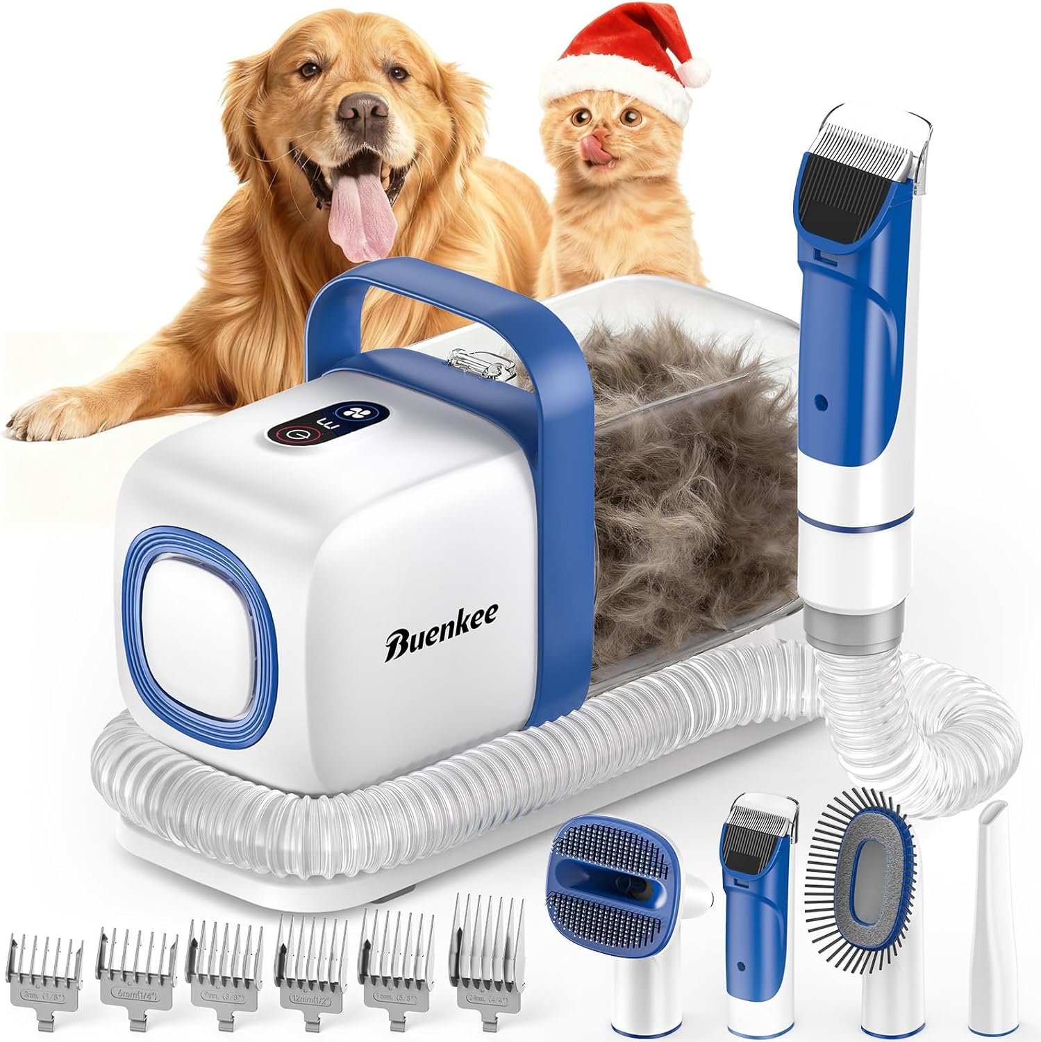 Buenkee Dog Grooming Vacuum Kit, 15000Pa Clipper, Shedding Brush, 2L, White | Brush, trim and deshed at home with less flying fur, mess-control suction and fewer emptying breaks during longer sessions