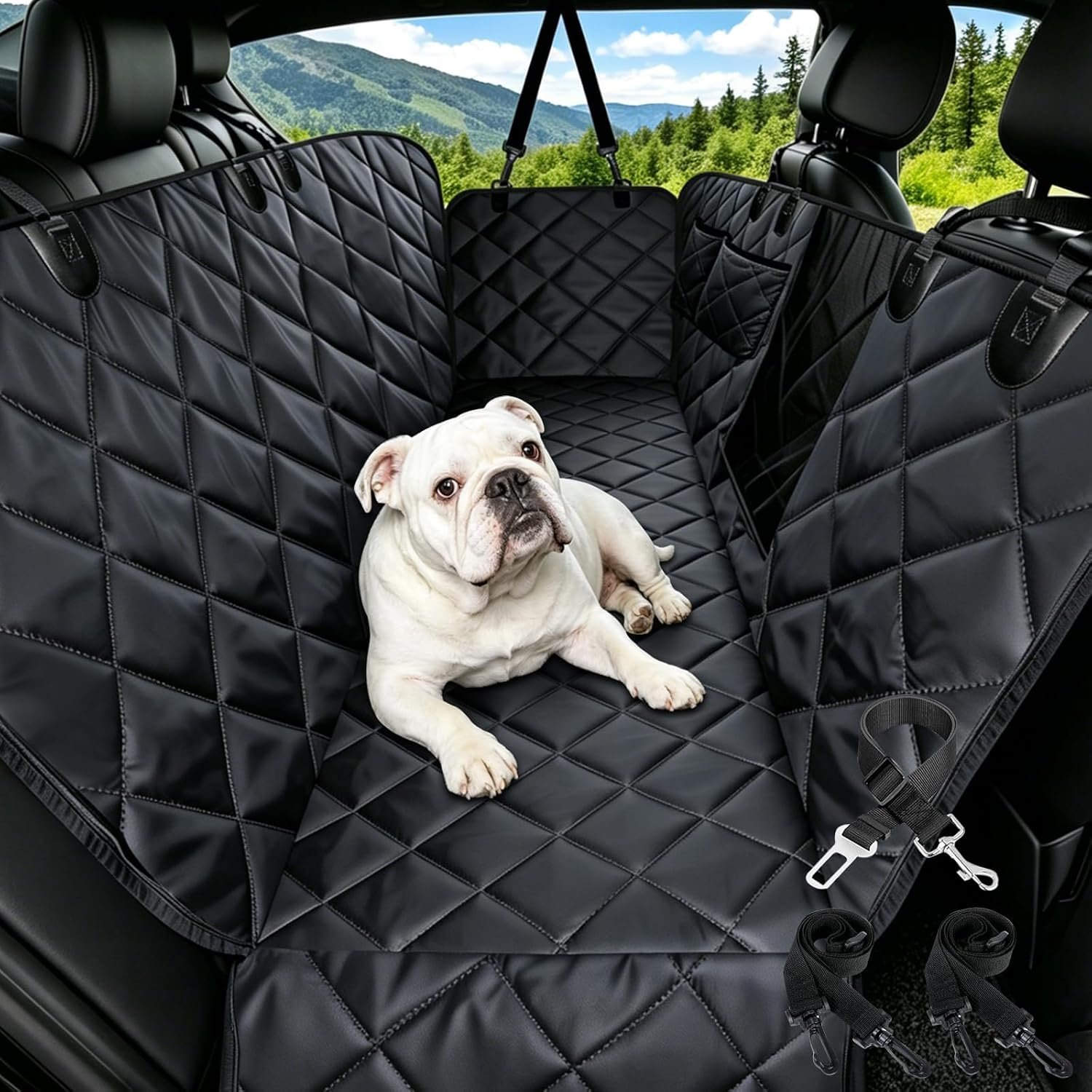 Dog Car Seat Cover for Back Seat with Safety Belt Universal Fit | Waterproof,Mesh Window,Zero Slide,Easy Removal & Storage,Heavy-Duty Oxford Fabric,Double-Stitched Seams ﻿