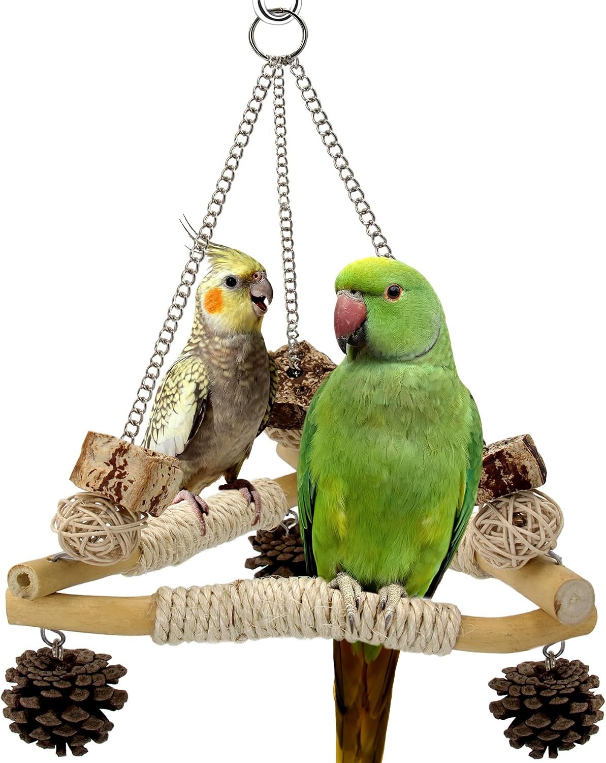 Bird Swing for Cage with Chew Toys, 3 Stable Sisal-Wrapped Perches(L) | Large Stable Triangle Design Perch Swing, Wooden Hanging Quaker Toy for Medium-Sized Bird Ring-Necked Caique Balance Training