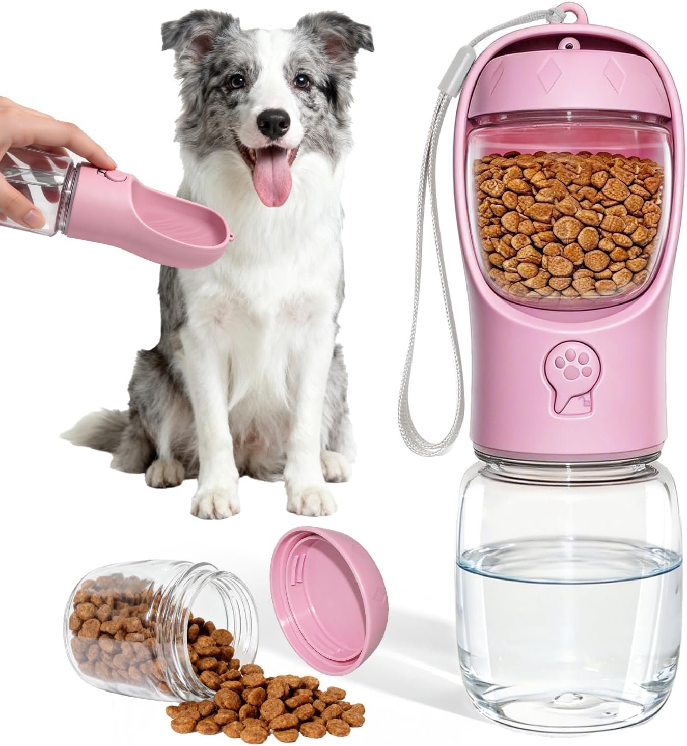 Portable Dog Water Bottle with Food Container, Drinking Bottle for Travel | 2 in 1 Dog Water Bowl, Leak Proof Pet Water Dispenser, BPA Free, Puppy Essentials, for Walking Hiking (Pink,12oz)