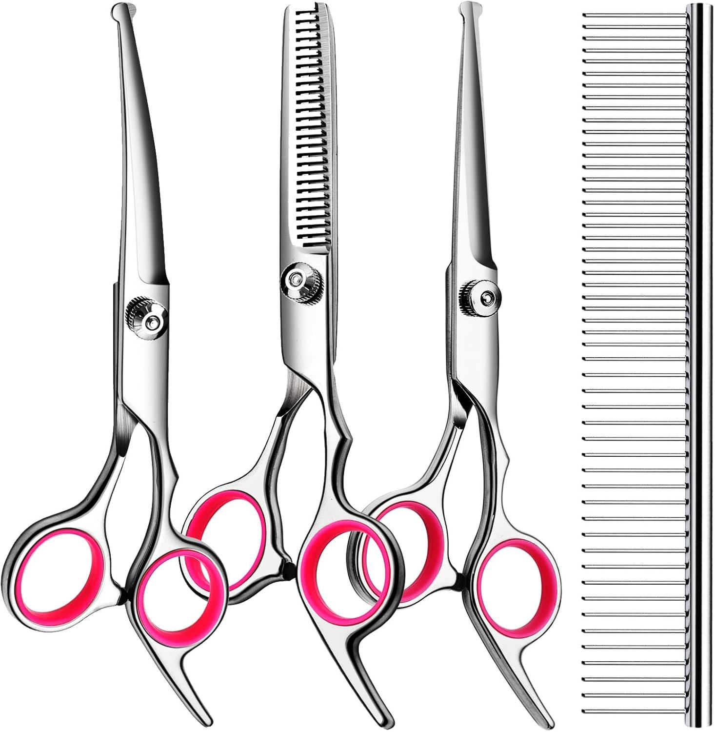 TINMARDA Dog Grooming Kit, Professional Stainless Steel Dog Grooming Scissors with Curved Shears, Pink Finger Rings – 4 Piece Sharp Durable Pet Shears for Dogs Cats At Home Salon-Quality Grooming