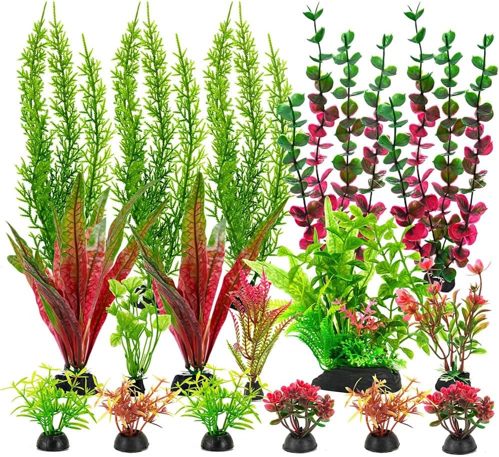 18Pcs Plastic Aquarium Plants, Weighted Base, Red Green Fish Tank Decor | Safe for betta and goldfish. Fresh and saltwater. Tall and short variety pack. Weighted bases hold firm.