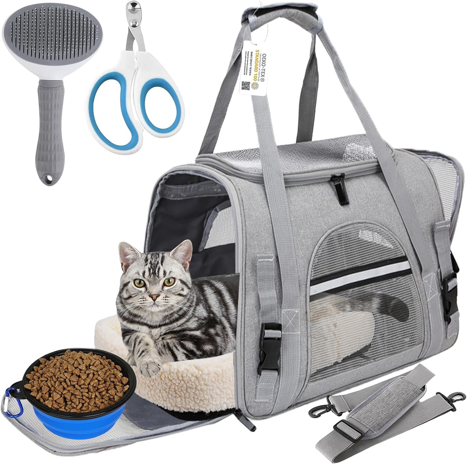 Pet Carrier Bag Airline Approved Up for Cats and Dogs Up to 20LBs, Soft Cat Carrier Dog Carrier Travel Kitten Carrier with Mat, Nail Clipper, Brush, Foldable Bowl Cat Accessories