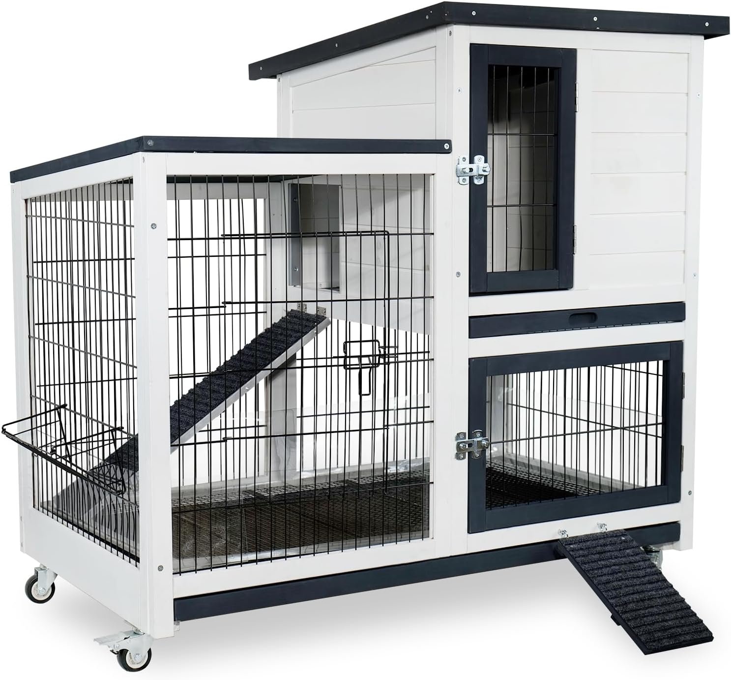 2-Story Indoor Outdoor Rabbit Hutch with Urine Guards & Dual Trays | Chew-Resistant Ramp, 5 Access Doors, Locking Wheels, Fits Rabbits, Guinea Pigs & Chicks