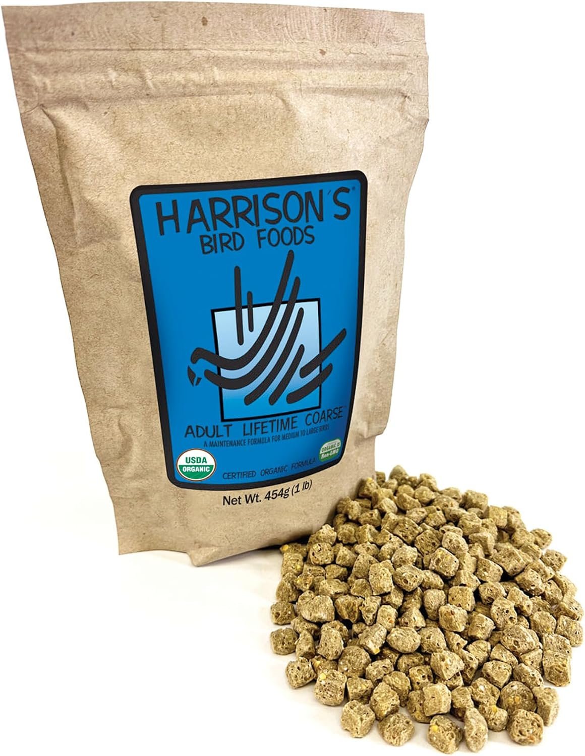 Harrison’s Bird Foods Adult Lifetime Coarse Certified Organic Non-GMO Daily Maintenance Formula for Medium to Large Birds, Parrots, Cockatoos, Macaws etc, Suitable for All Life Stages, 454g / 1lb