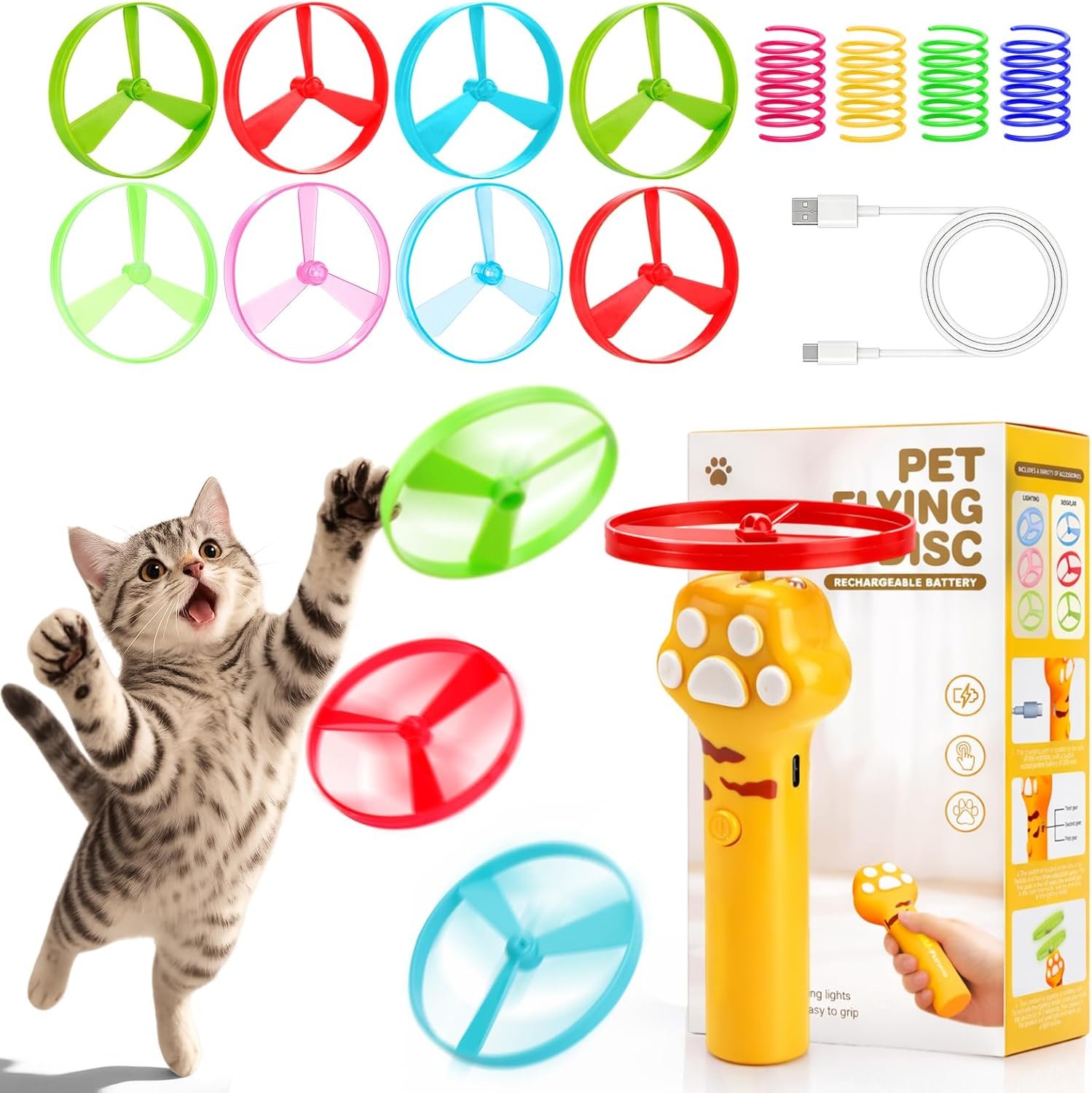 BABORUI Cat Toy Disc Launcher, Rechargeable Interactive Cat Fetch Toy Launcher with 8 Flying Discs, Flying Enrichment Toys for Indoor Bored Kittens & Adult Cats (Yellow)