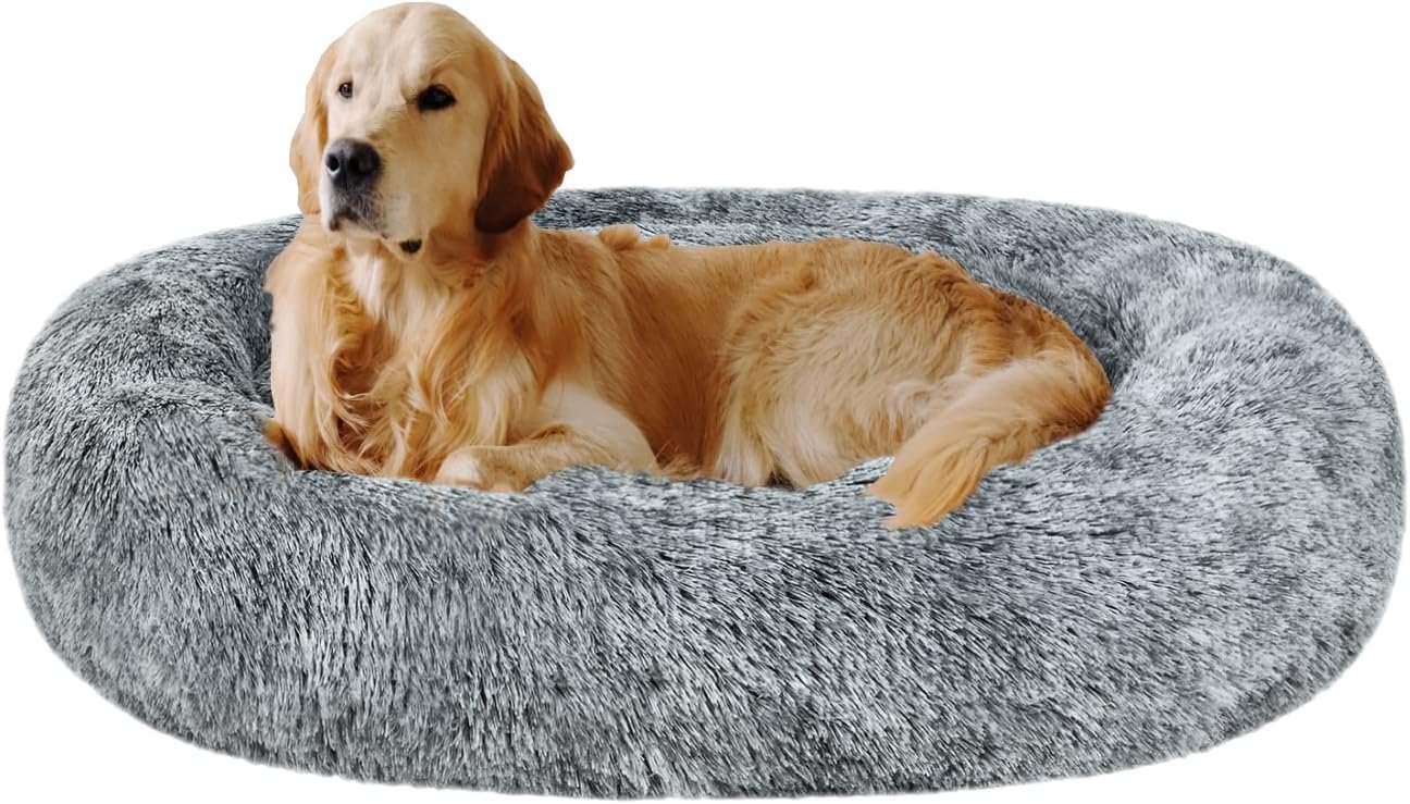 Oval Calming Donut Cuddler Dog Bed,Shag Faux Fur Cat Bed Washable Round Pillow Pet Bed(30″/36″/43″) for Small Medium Dogs (XL(36″x27″x7″), Grey)
