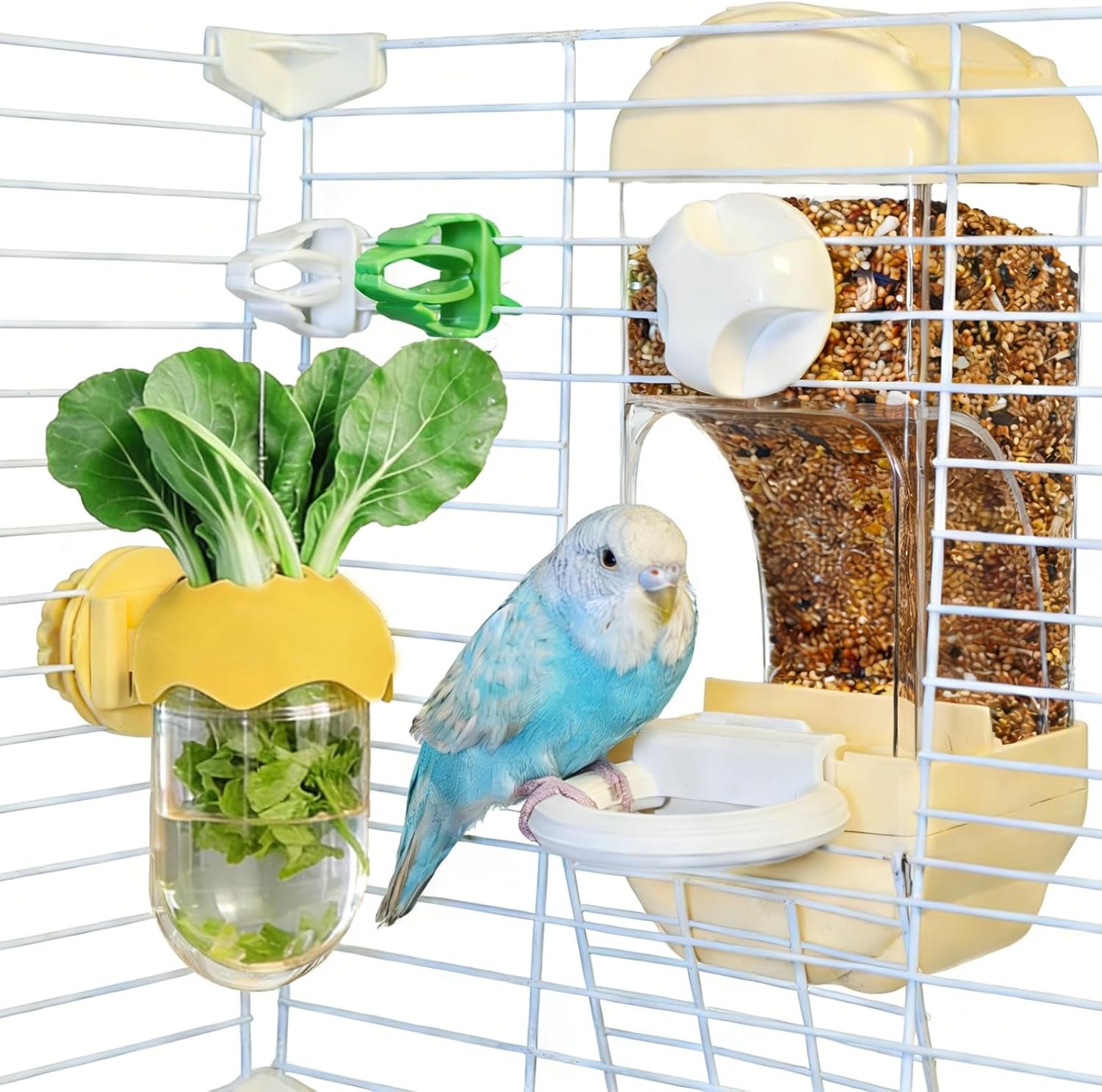 Automatic Bird Cage Feeder No Mess Bird Feeding Station Parrot Vegetable Holder Fruit Clips for Parakeet Cockatoo Canary Lovebirds Budgie (Yellow)