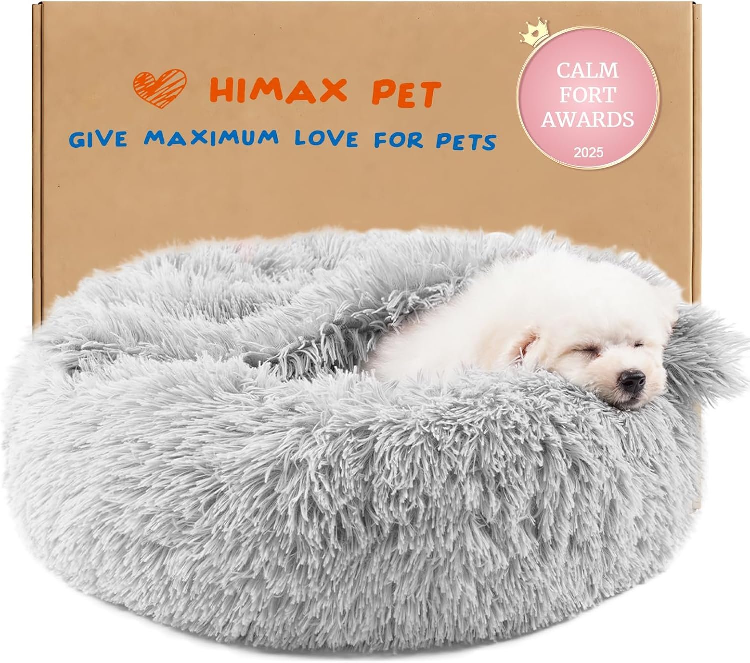 Himax Small Cat & Dog Bed with Cover, Calming Dog Bed for Small Dogs,Anti-Anxiety Donut Dog Bed with Attached Blanket,Washable Round Fluffy Pet Bed (20″/26″/35″), Light Grey